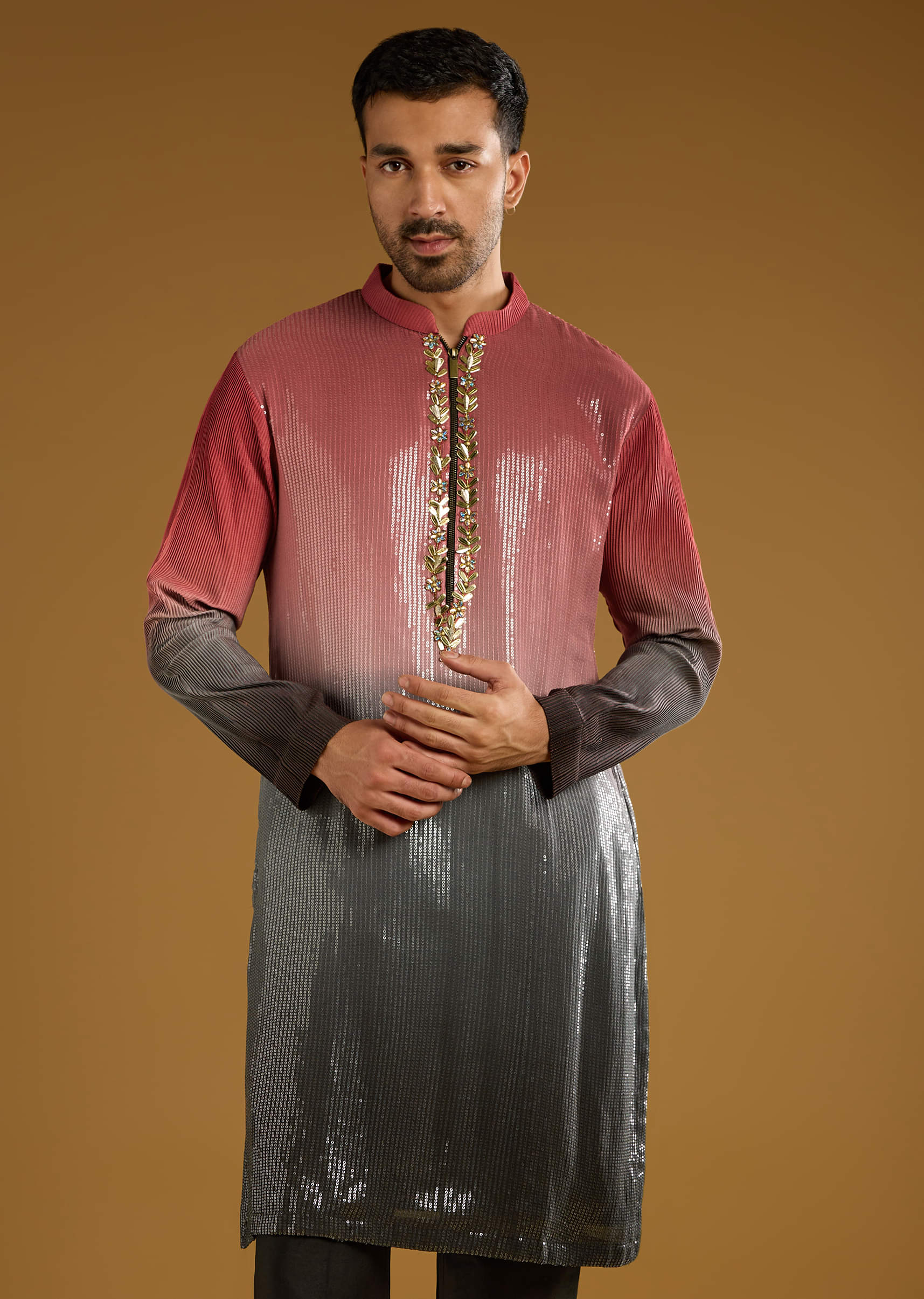 Pink Sequins Kurta Set For Men With Embellishments - Image 4
