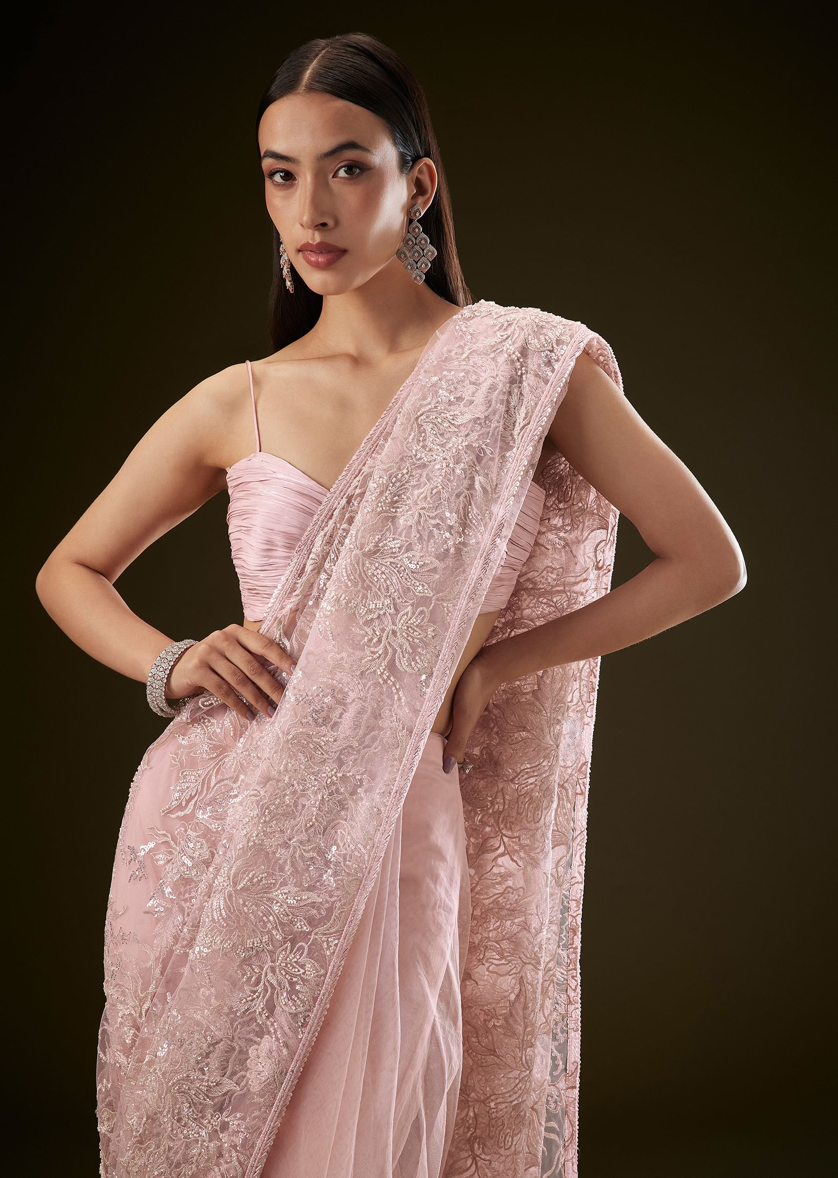Pink Sequins Saree With Ruched Blouse - Image 2