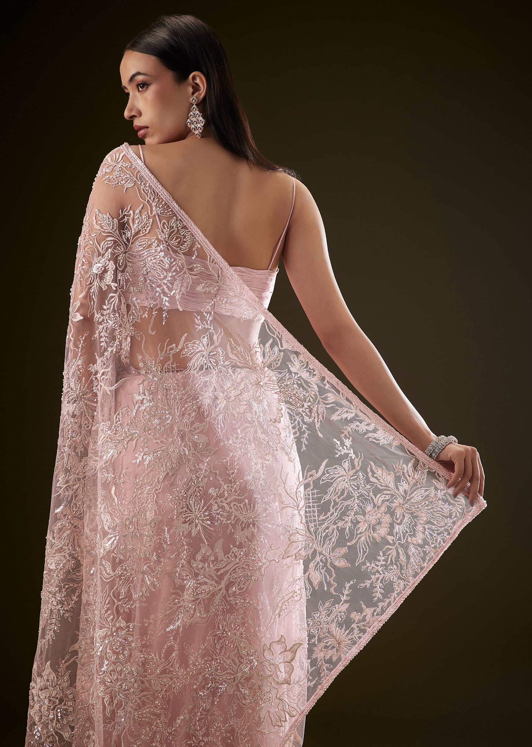 Pink Sequins Saree With Ruched Blouse - Image 5