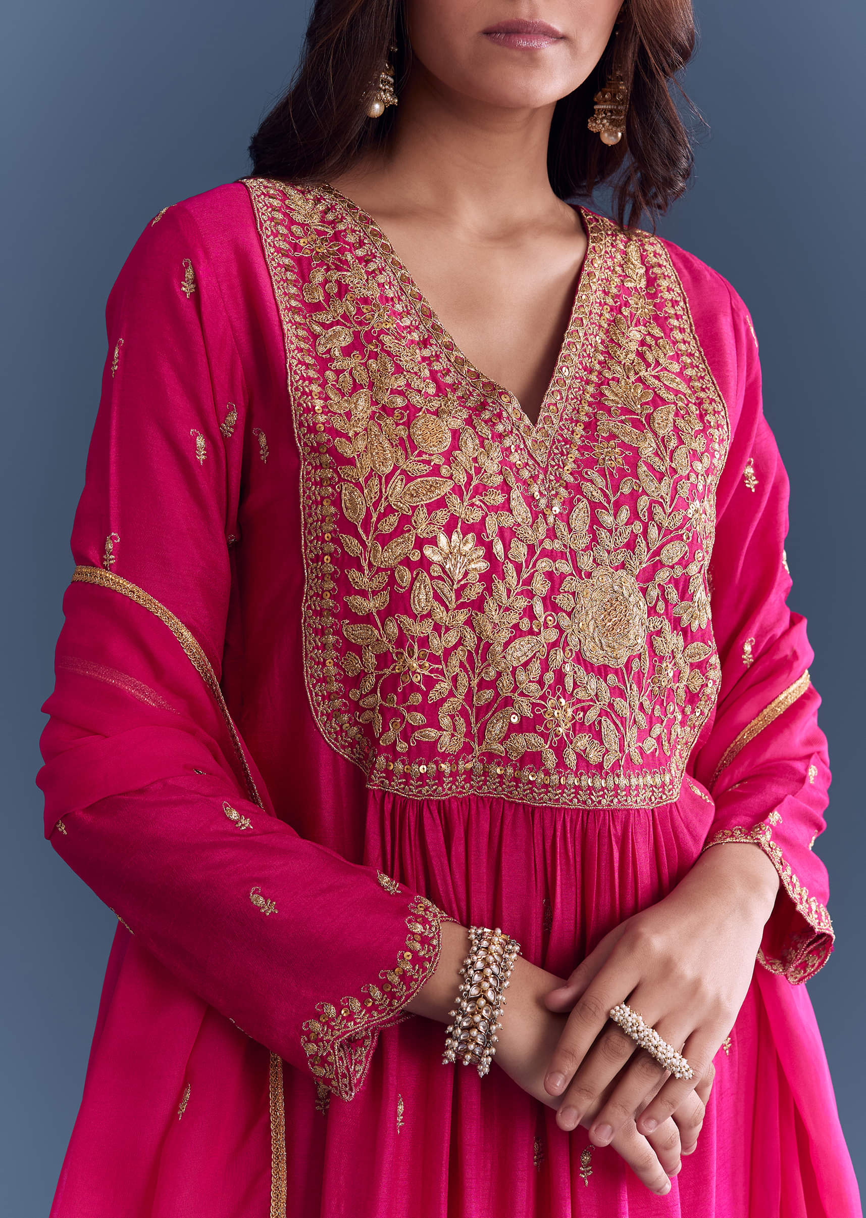 Pink Silk Anarkali Suit With Zari Thread Embroidery - Image 2
