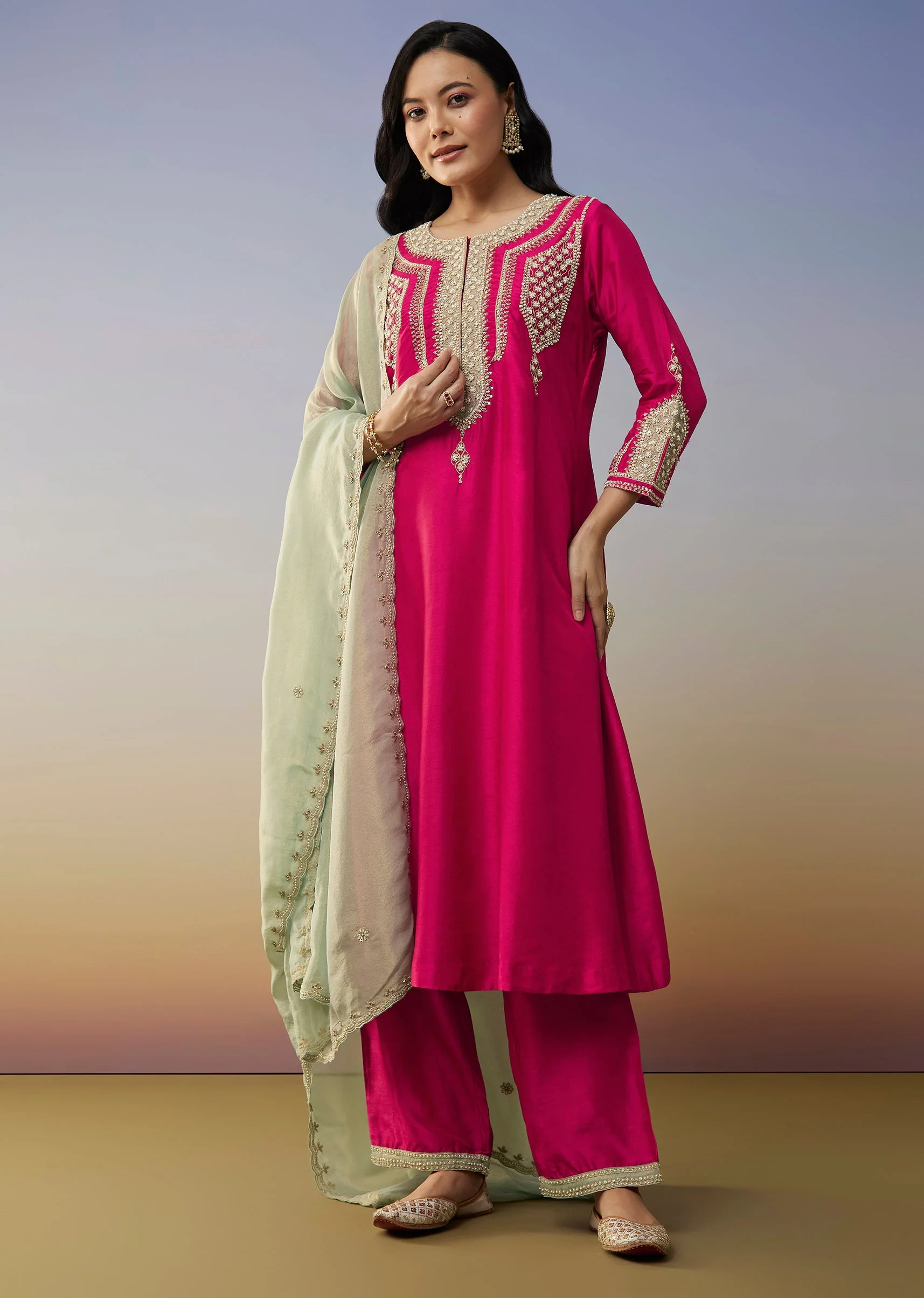 Pink Silk Anarkali Suits with Moti and Sequins Work - Image 3