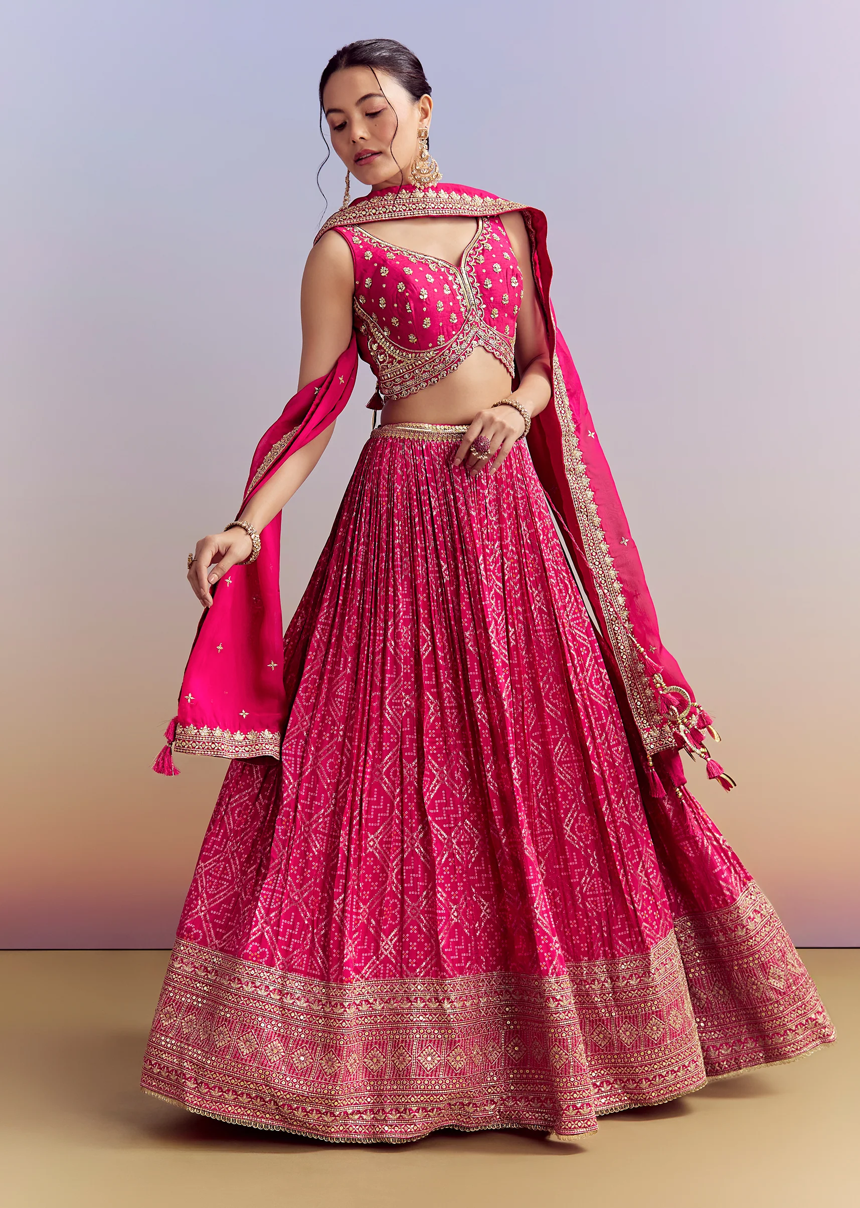 Pink Silk Bandhani Bridesmaid Lehenga With Zardosi Work - Image 4