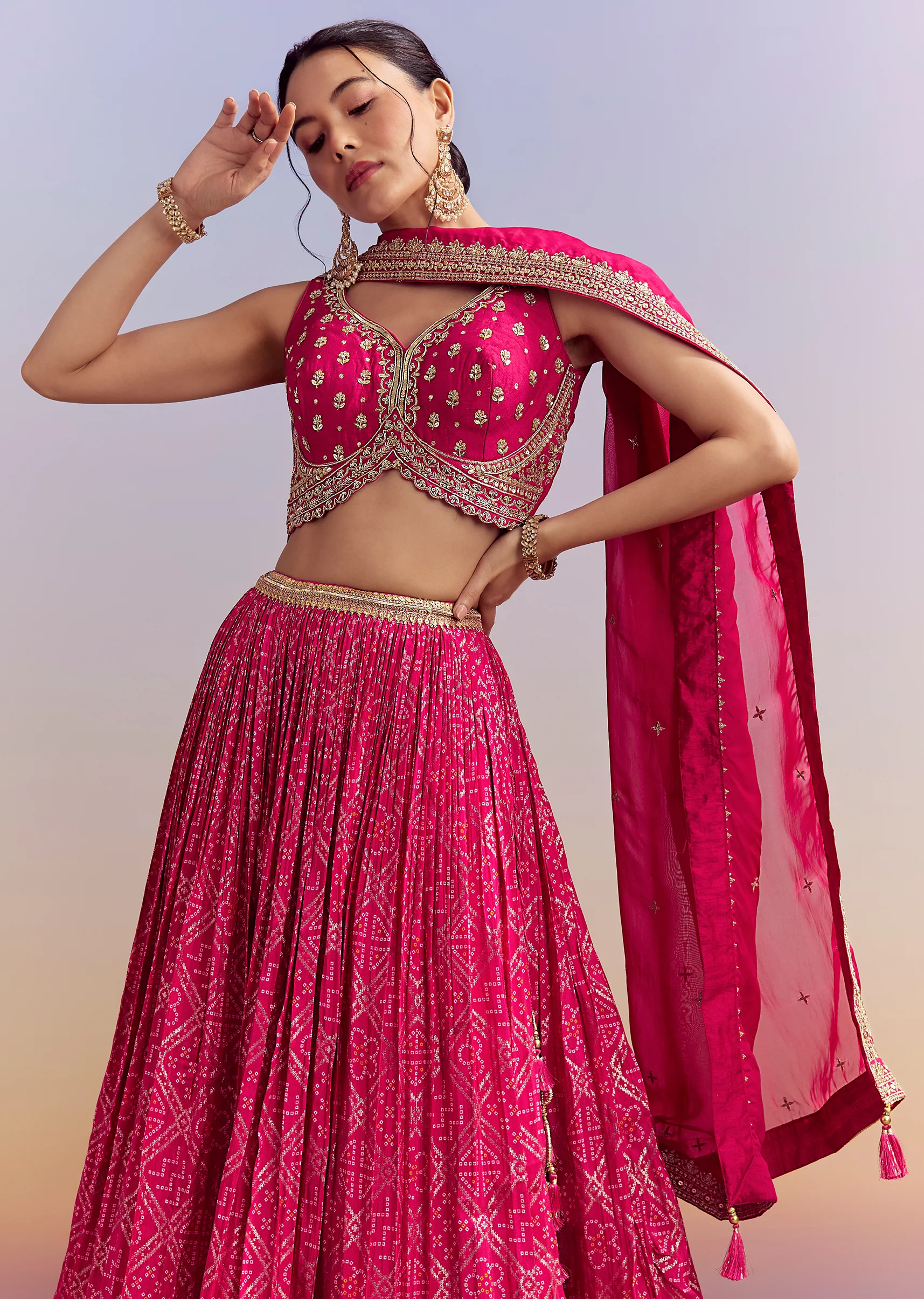 Pink Silk Bandhani Bridesmaid Lehenga With Zardosi Work - Image 5