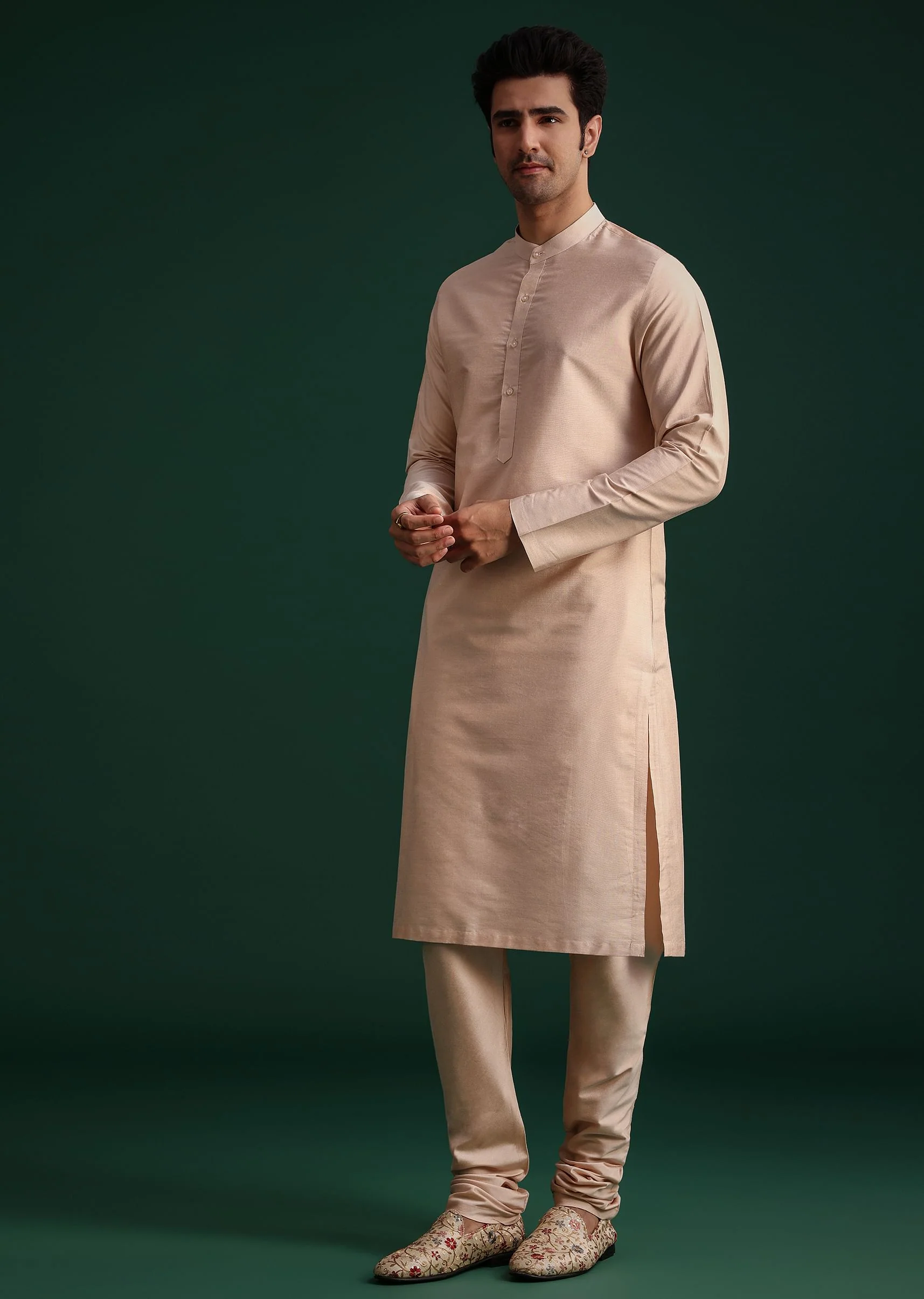 Pink Silk Blend Cotton Silk Sherwani Dupatta Set With Beaded Aari Work - Image 6