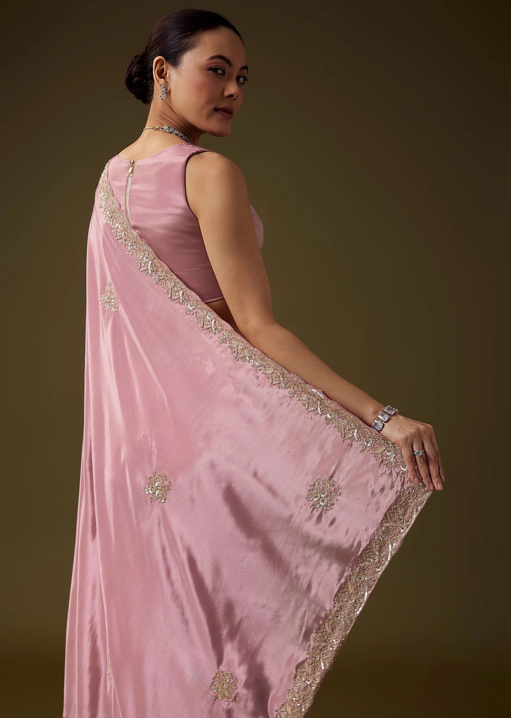Pink Silk Butti Embroidered Saree with Unstitched Blouse - Image 6