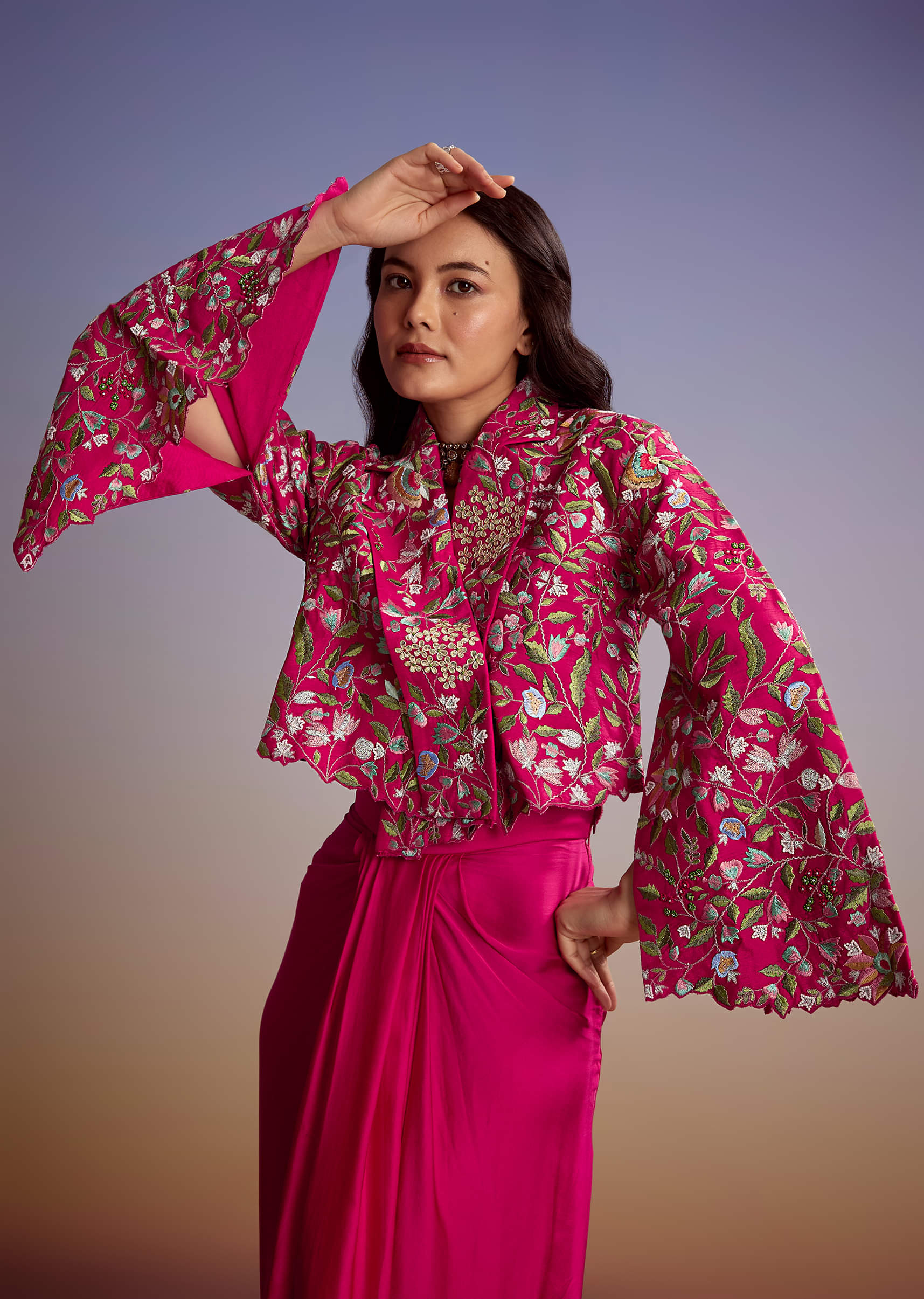 Pink Silk Crop Top And Drape Skirt With Resham Work - Image 4