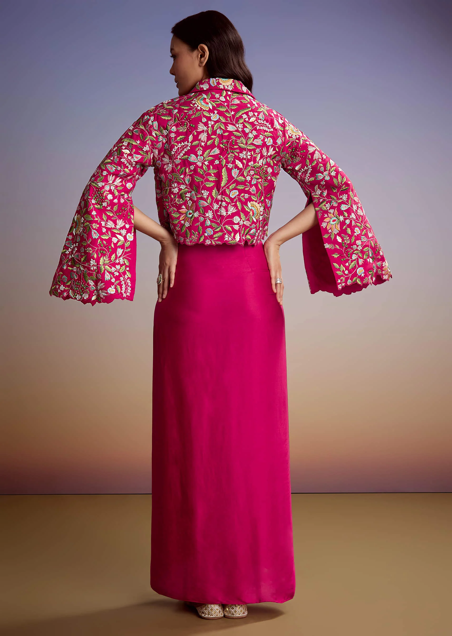 Pink Silk Crop Top And Drape Skirt With Resham Work - Image 5