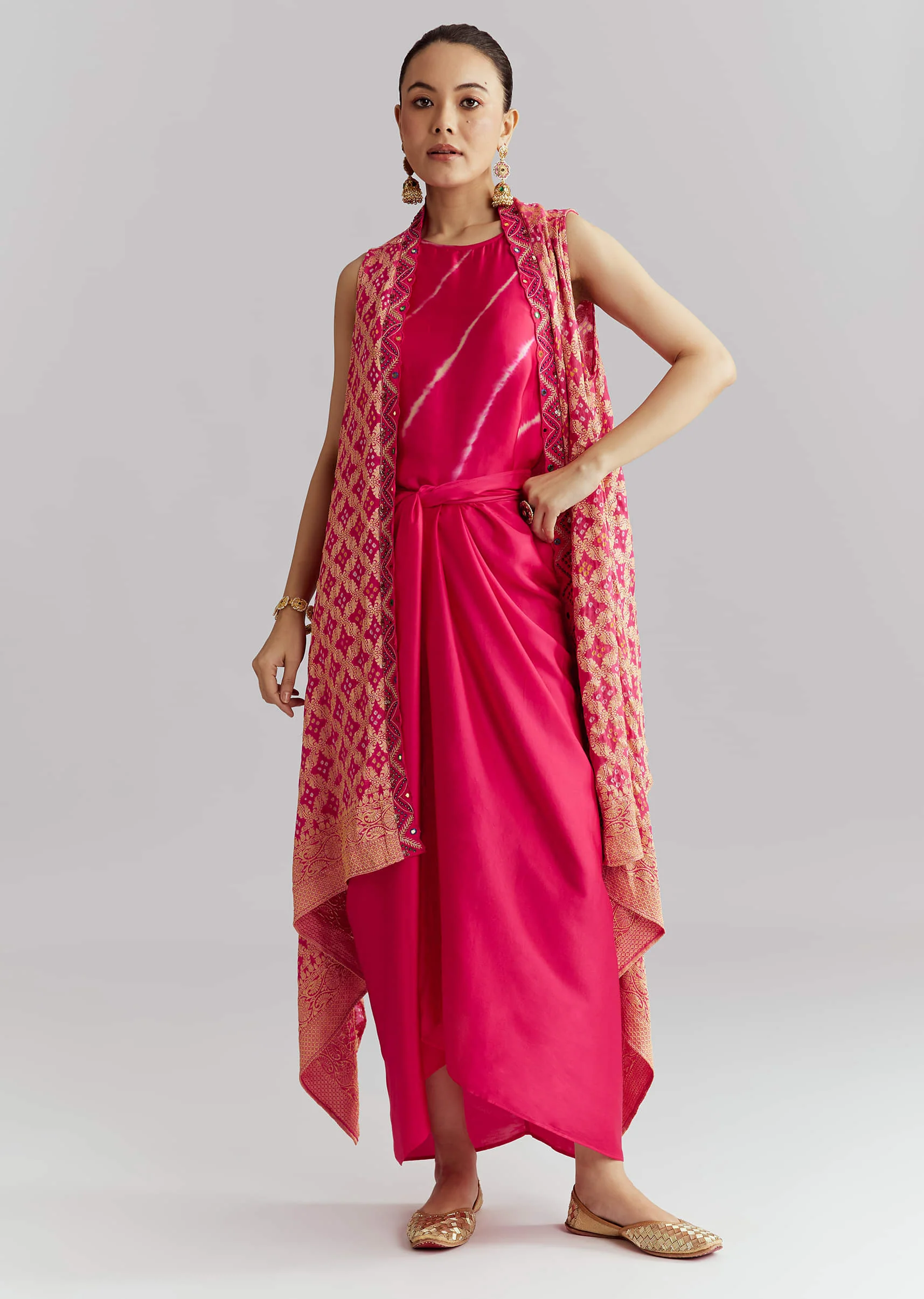 Pink Silk Crop Top And Wrap Skirt Set With Bandhani banarasi jacket