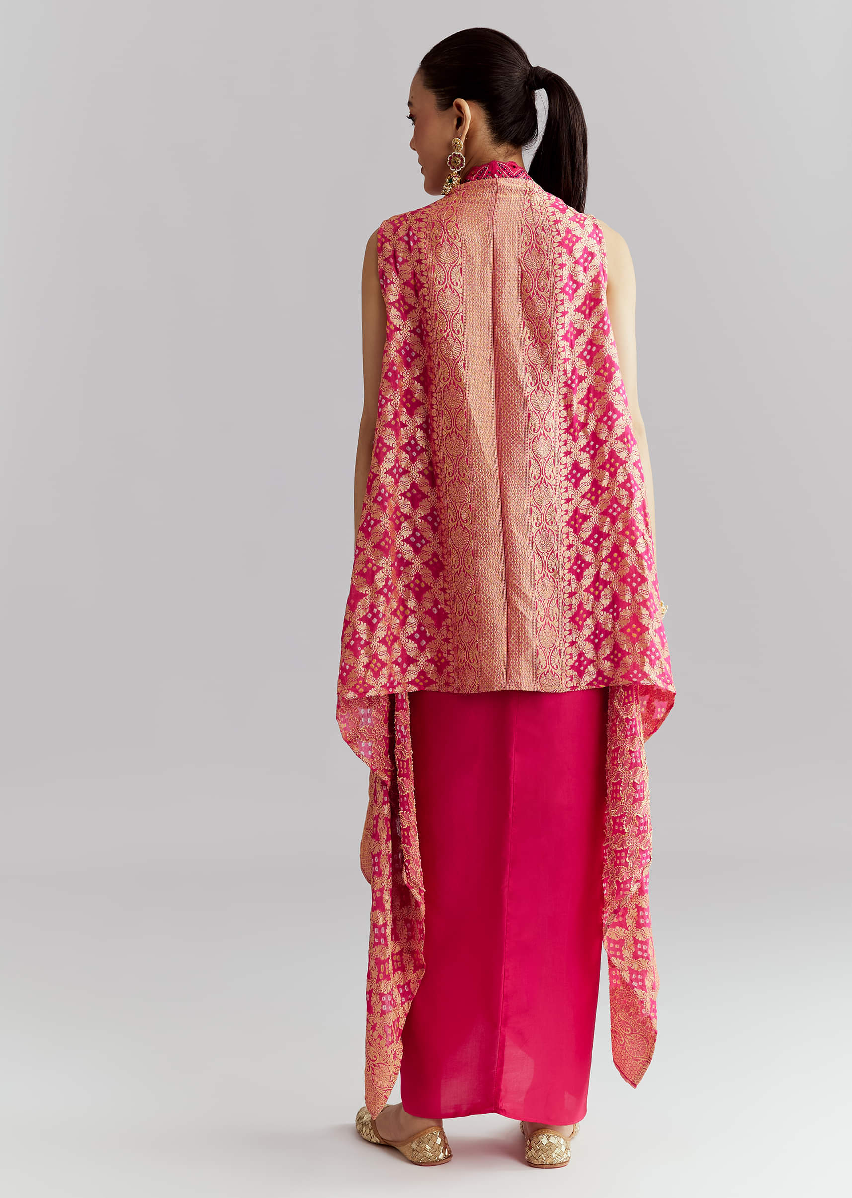 Pink Silk Crop Top And Wrap Skirt Set With Bandhani banarasi jacket - Image 5