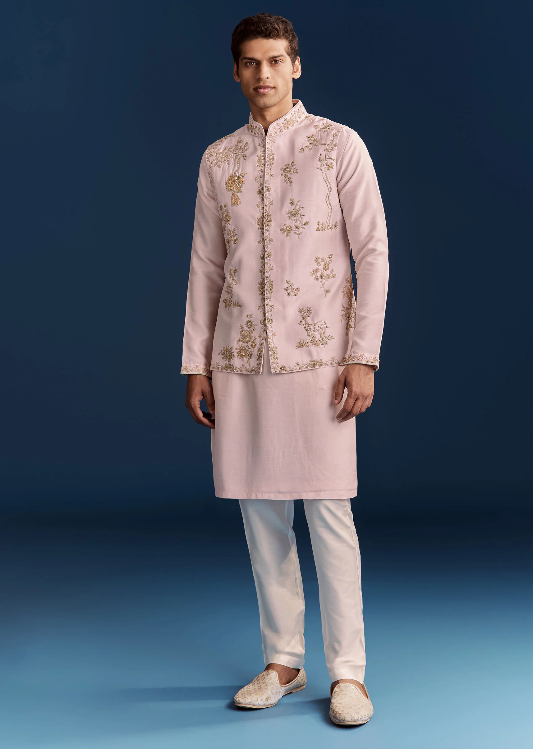 Pink Silk Floral Kurta Jacket Set With Resham And Cutdana Detailing - Image 2
