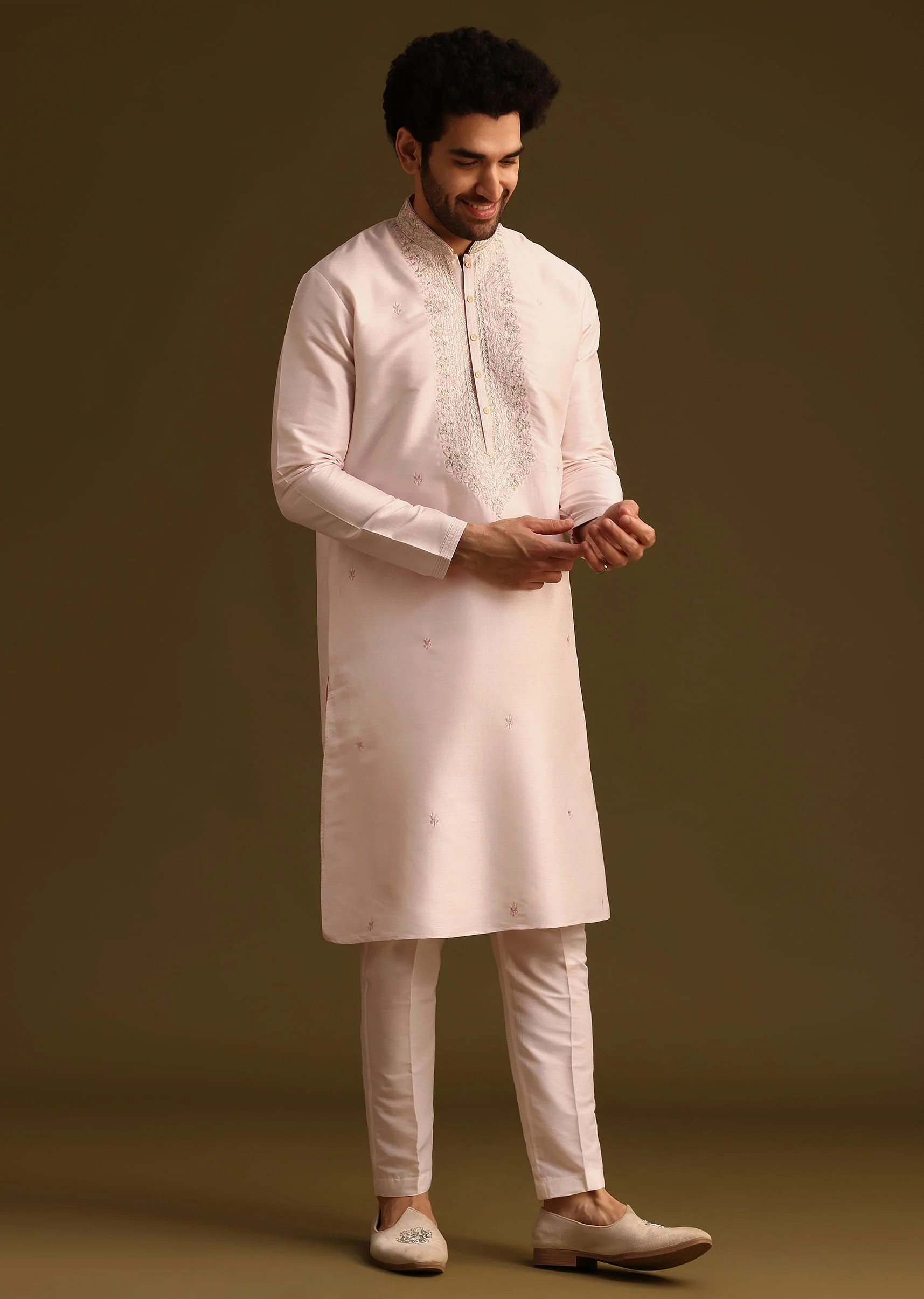 Pink Silk Full Sleeves Kurta And Pant - Image 4