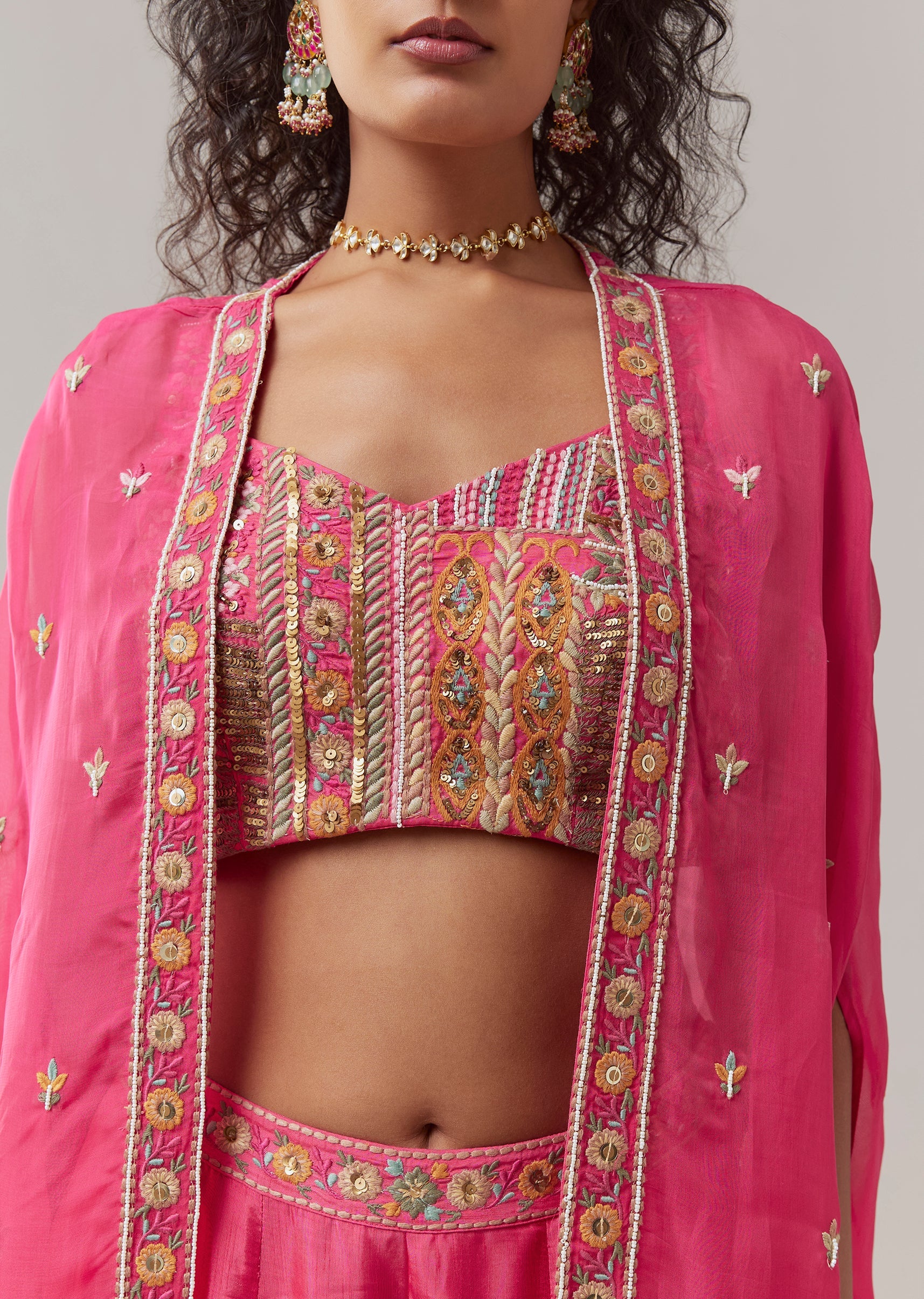 Pink Silk Indowestern Crop Top and Palazzo Set - Image 2