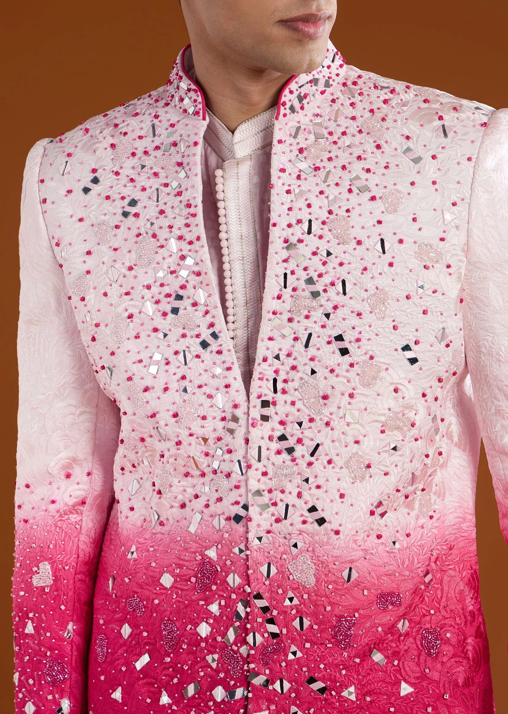 Pink Silk Indowestern Jacket Set with Mirror Work - Image 2