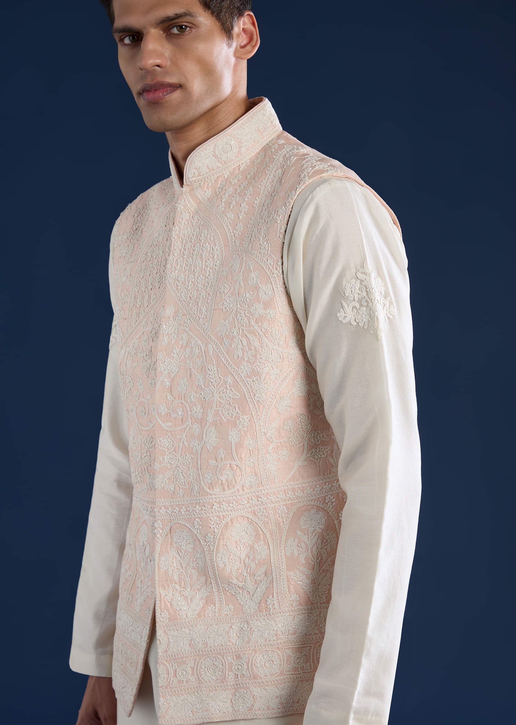 Pink Silk Jacket and Kurta Set with Dori Work - Image 2