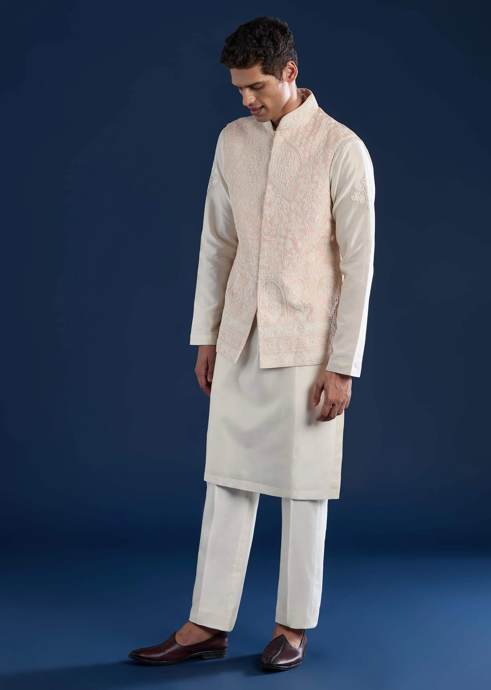 Pink Silk Jacket and Kurta Set with Dori Work - Image 3