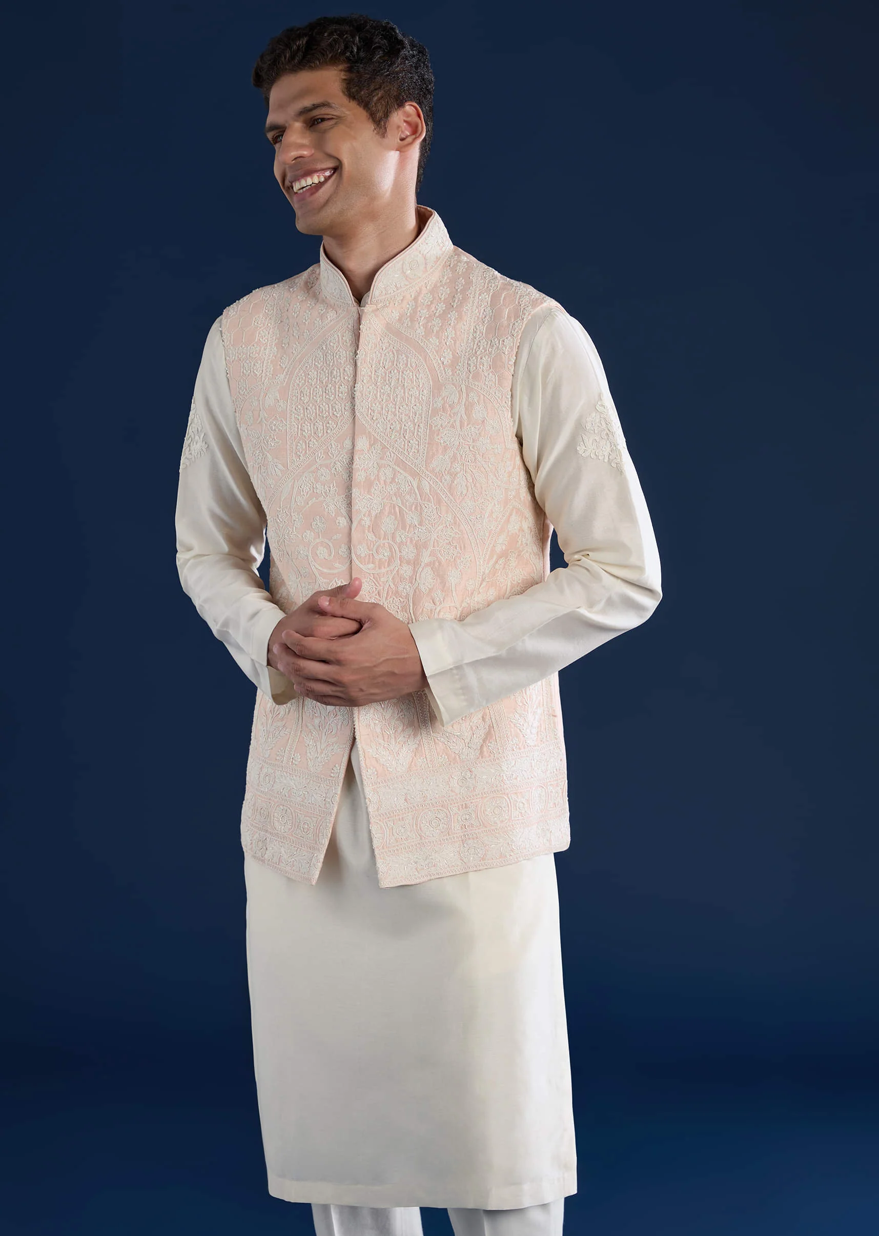 Pink Silk Jacket and Kurta Set with Dori Work - Image 4