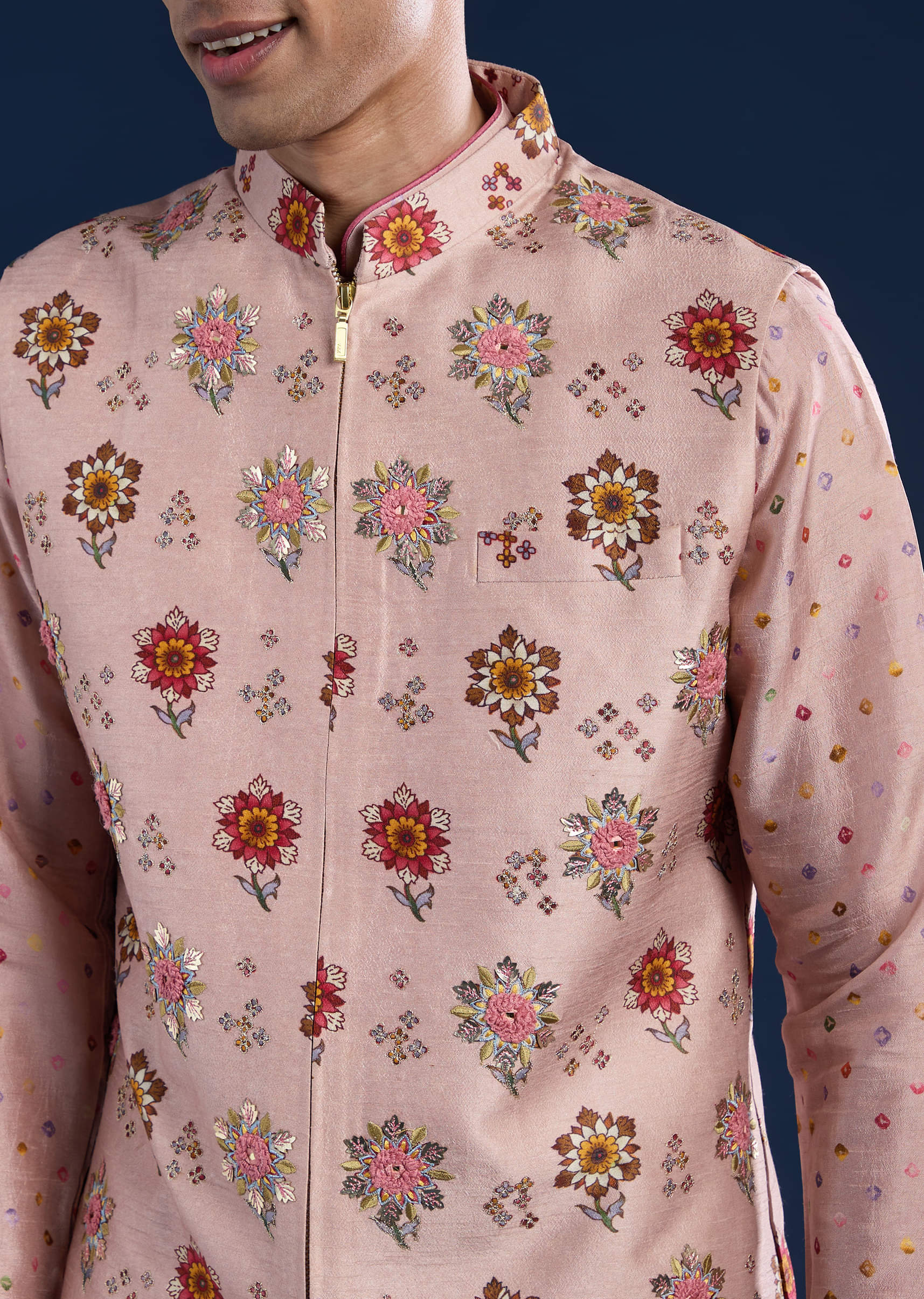 Pink Silk Jacket Kurta Set with Zari Embroidery - Image 2