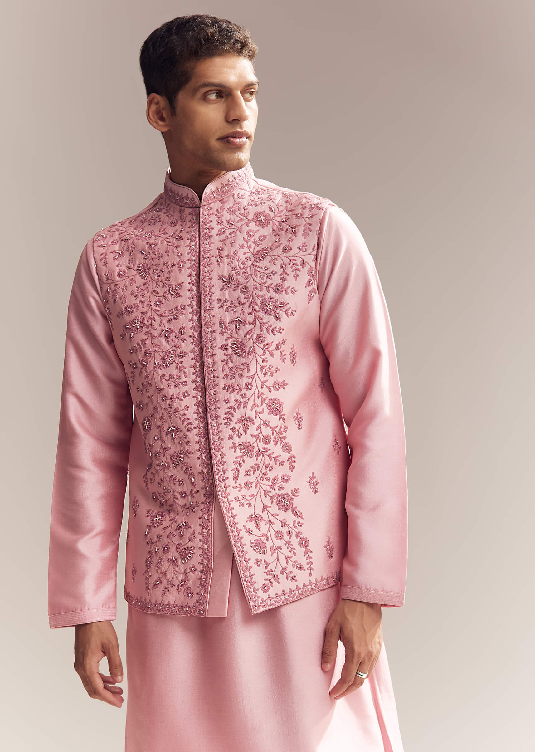 Pink Silk Kurta Jacket Set For Men With Moti Embroidery - Image 4