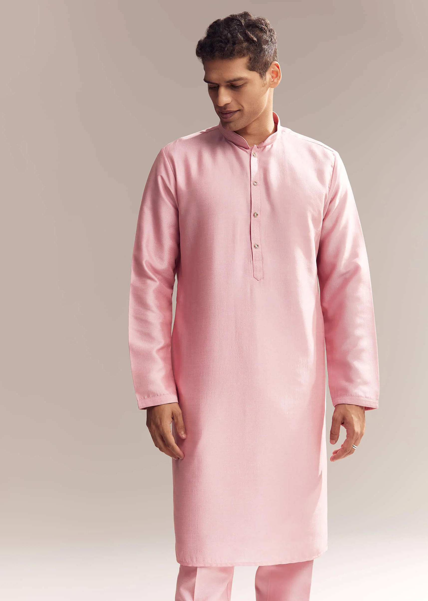 Pink Silk Kurta Jacket Set For Men With Moti Embroidery - Image 6