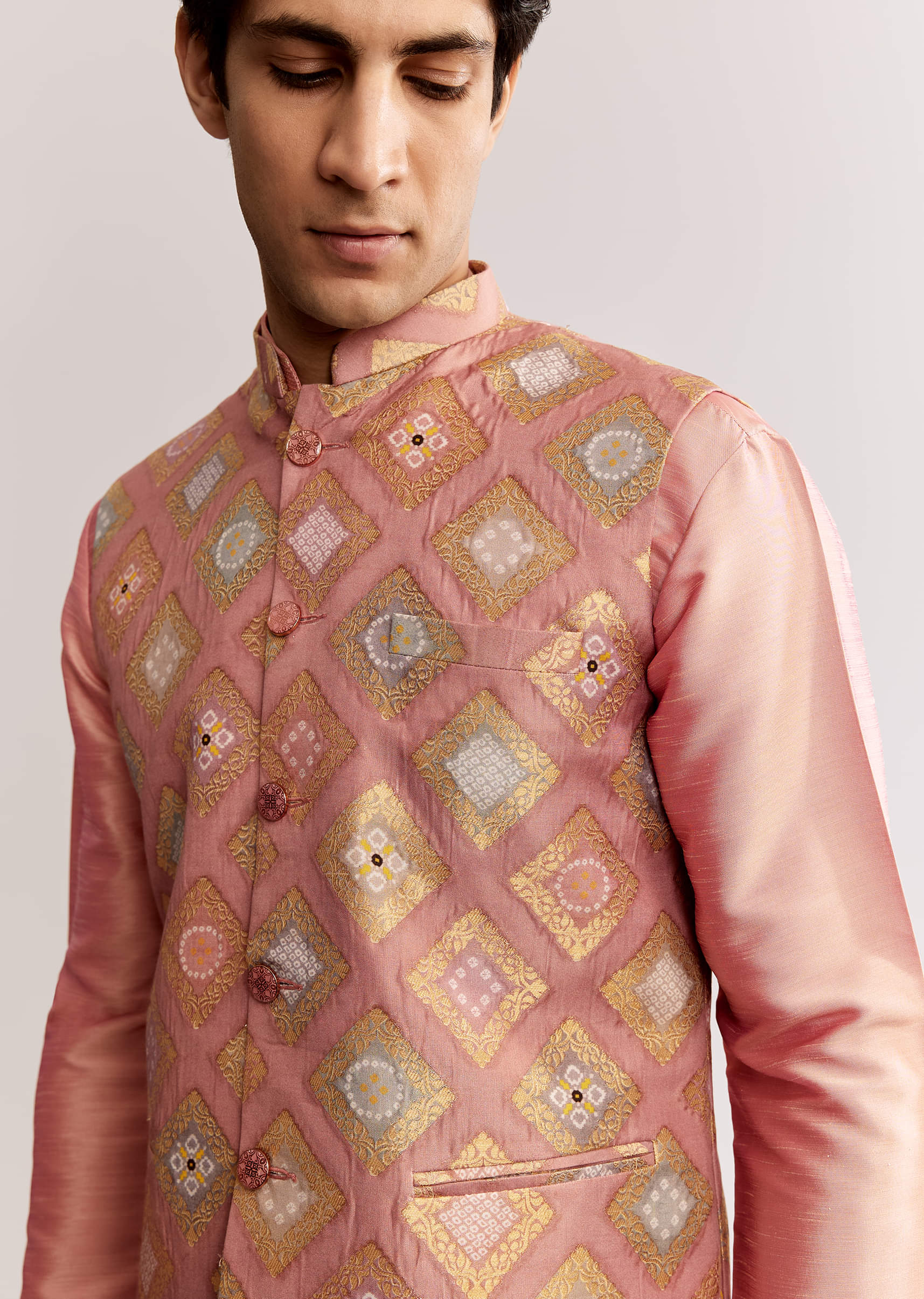 Pink Silk Kurta Jacket Set With Geometric Print - Image 3