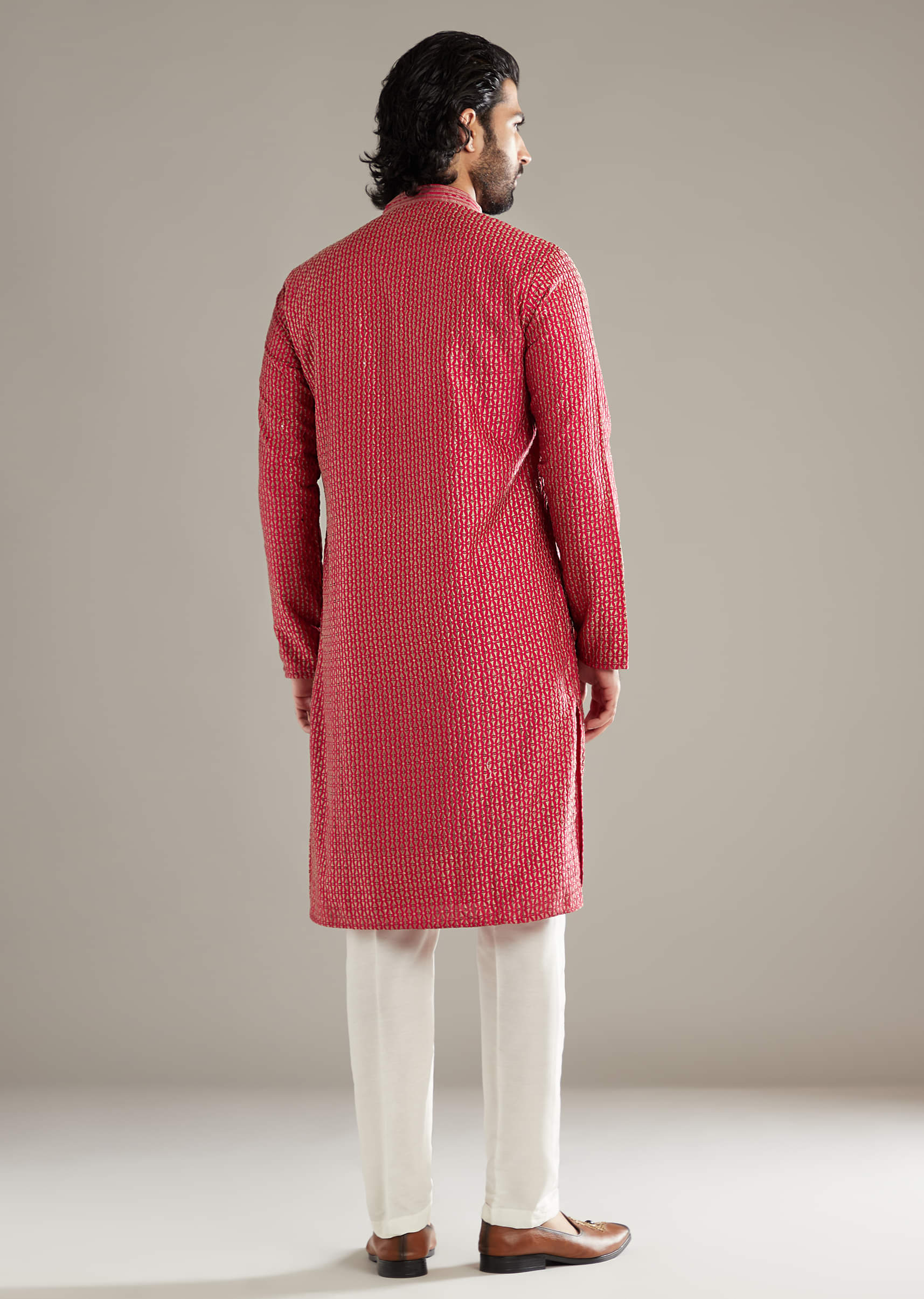 Pink Silk Kurta Set For Men With Floral Print - Image 3