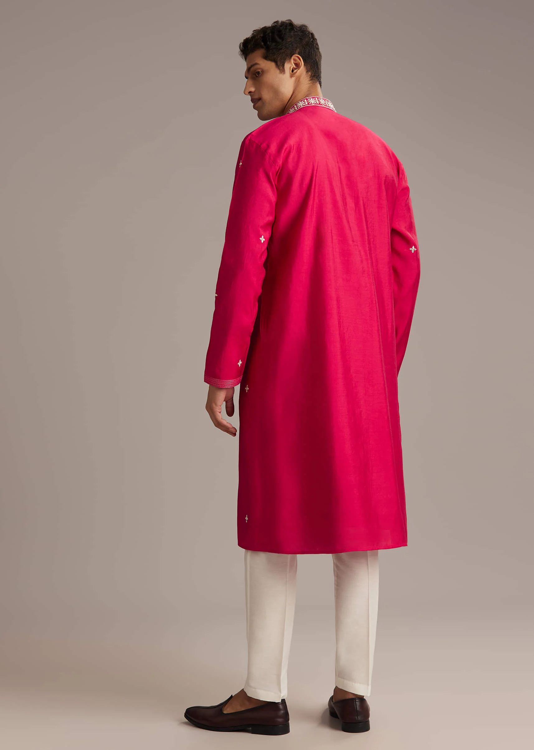 Pink Silk Kurta Set For Men With Mirror And Thread Work - Image 5