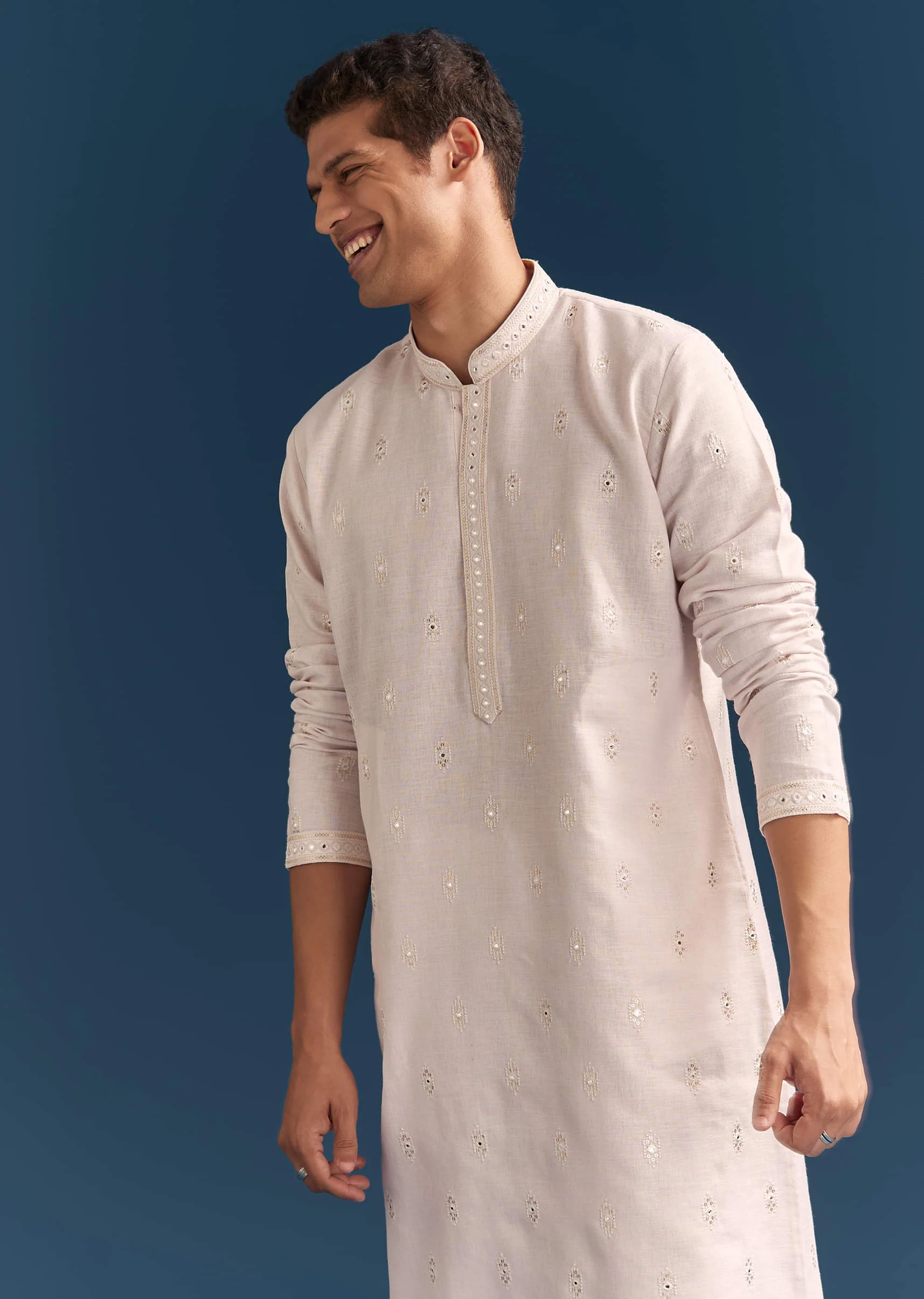 Pink Silk Kurta Set For Men With Mirror Embroidery - Image 3
