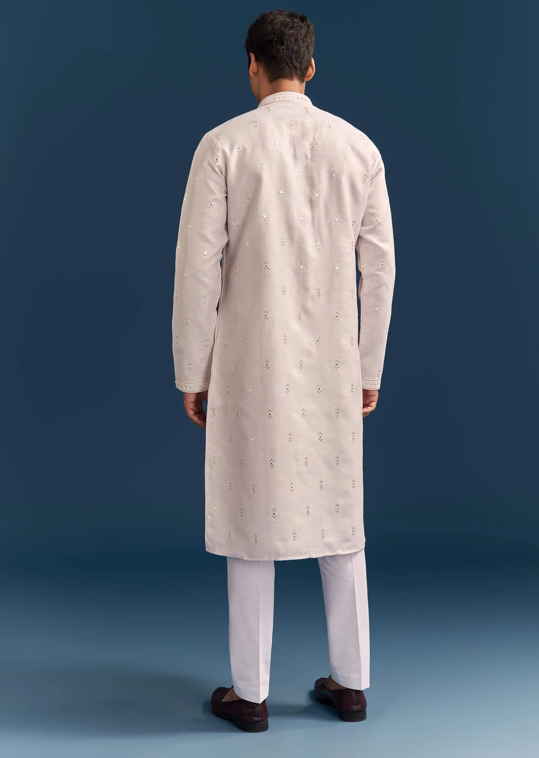 Pink Silk Kurta Set For Men With Mirror Embroidery - Image 5