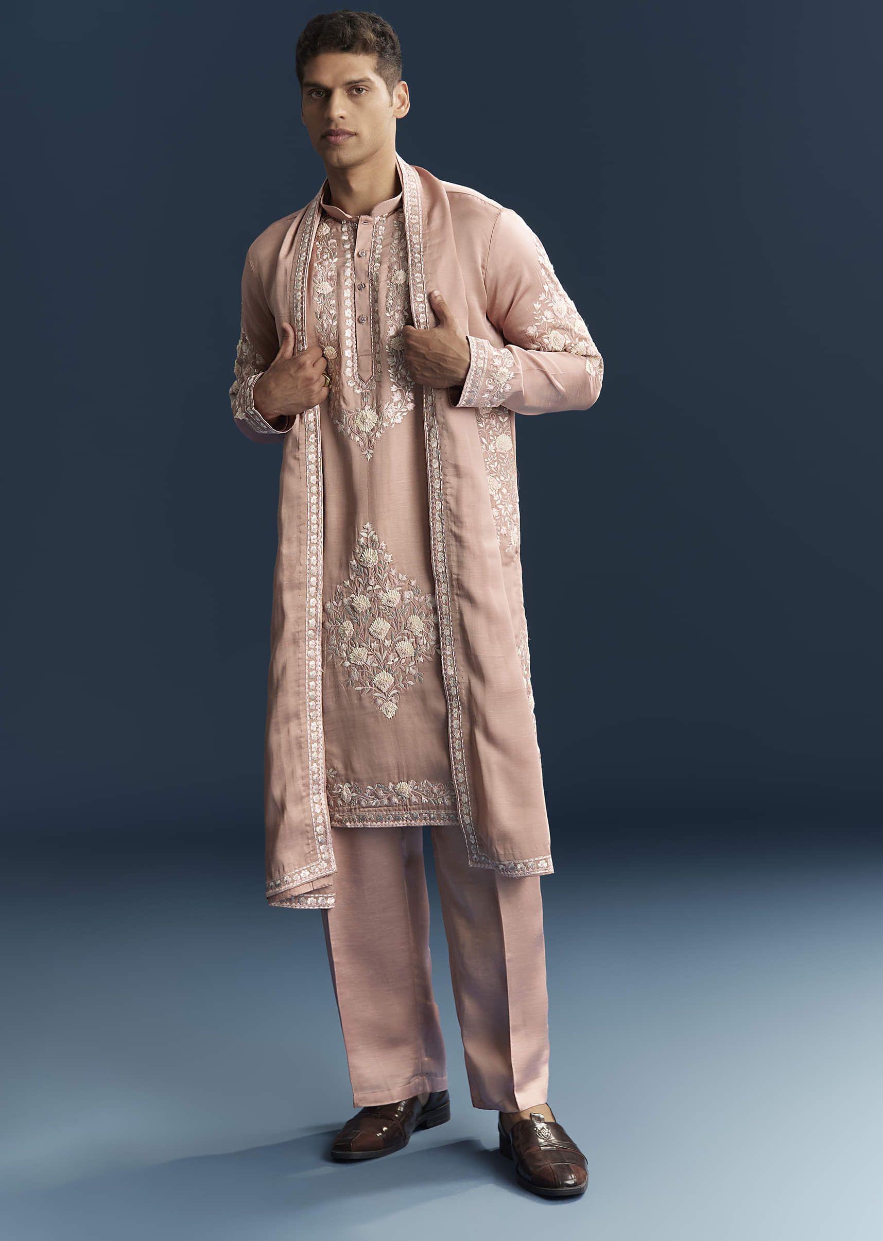 Pink Silk Kurta Set For Men With Tonal Embroidery