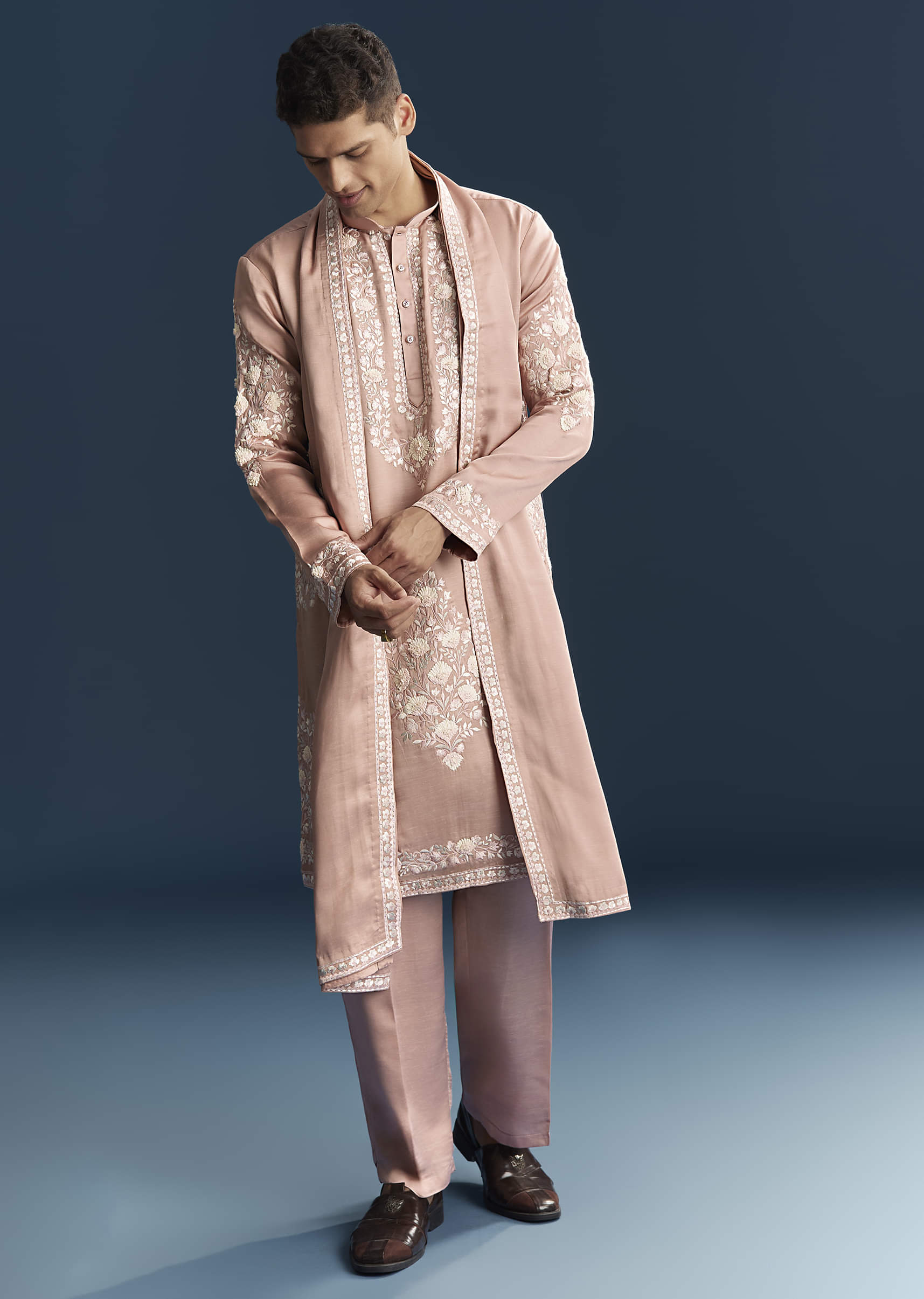 Pink Silk Kurta Set For Men With Tonal Embroidery - Image 3