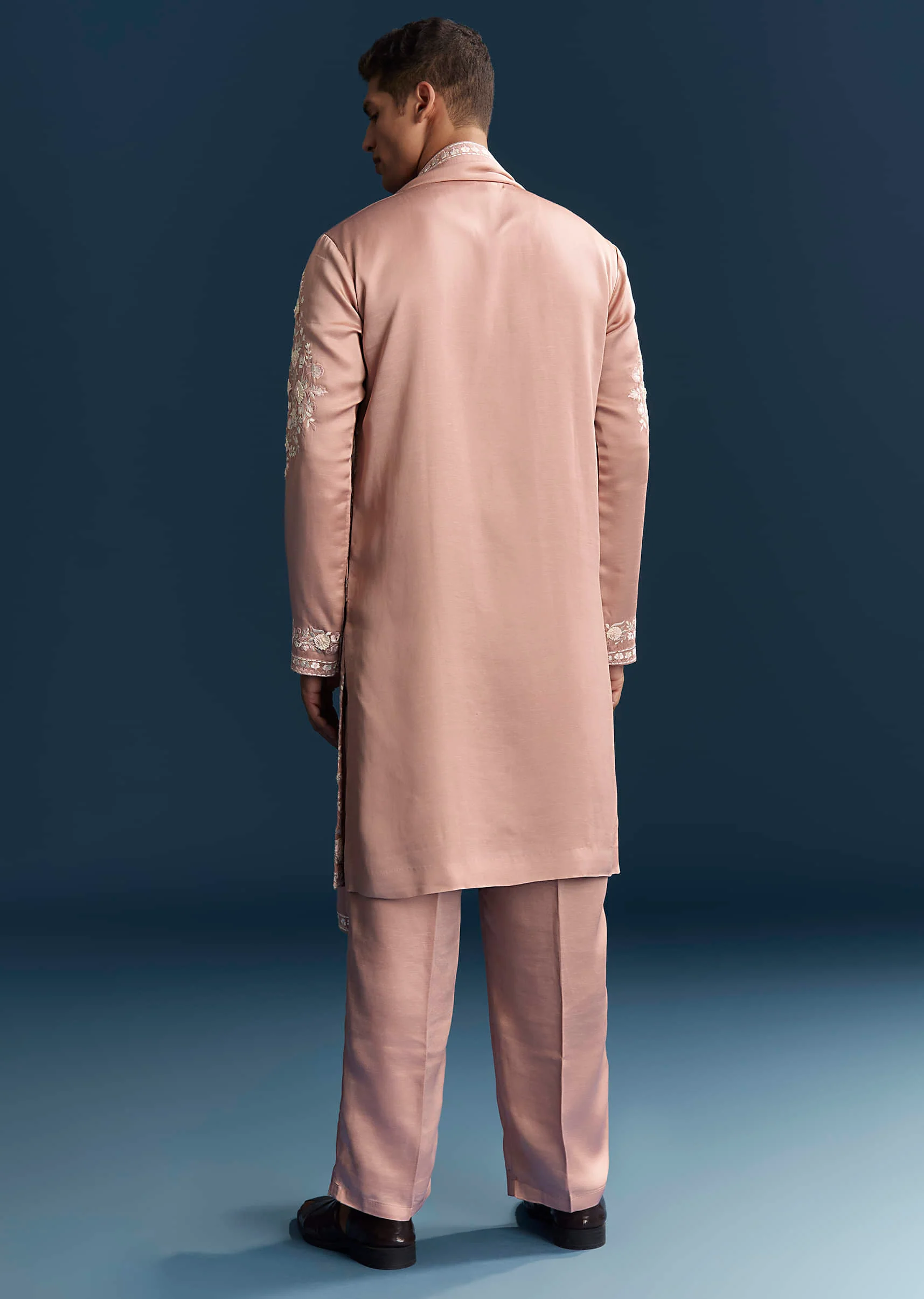 Pink Silk Kurta Set For Men With Tonal Embroidery - Image 5