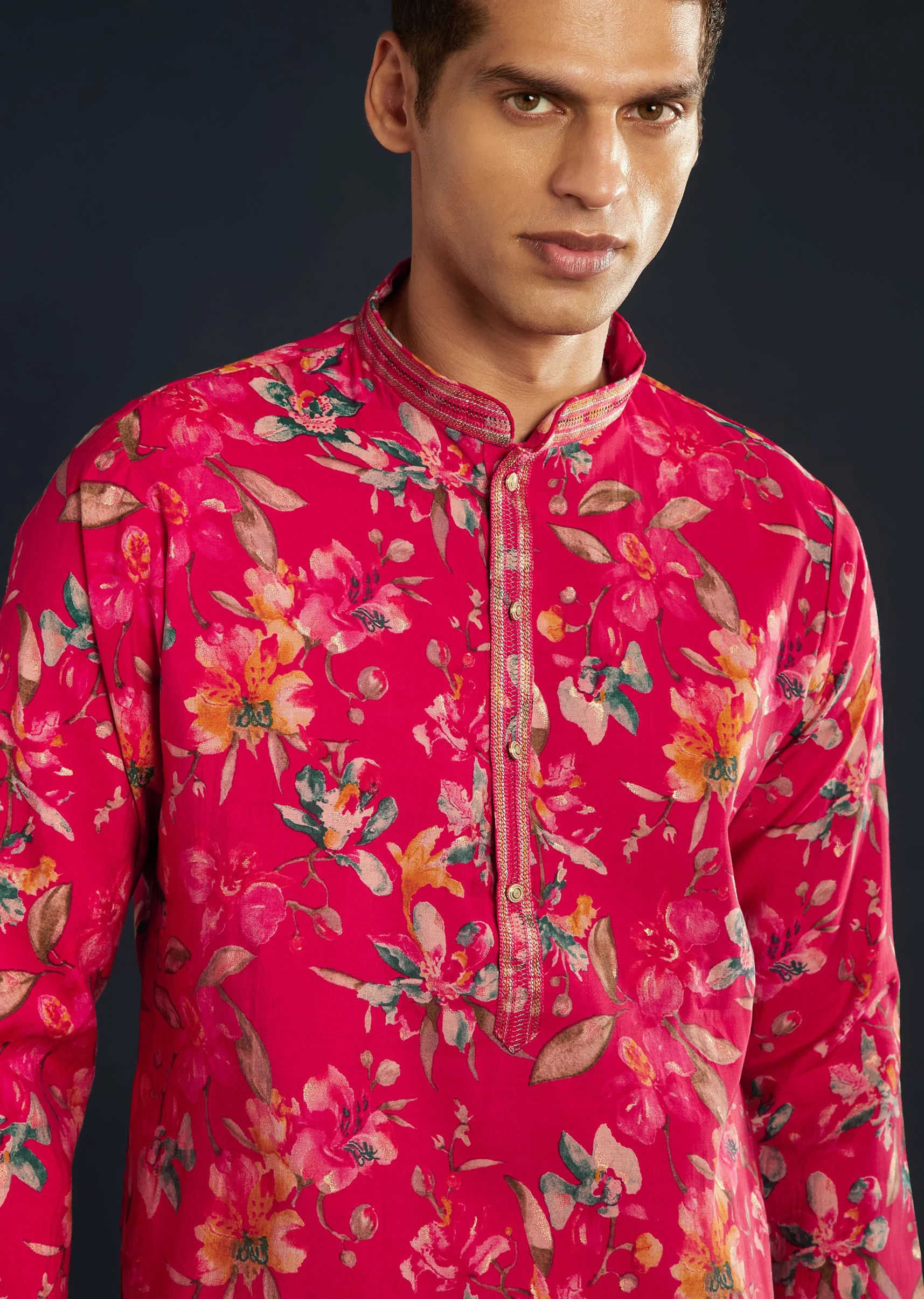 Pink Silk Kurta Set with Floral Motifs - Image 2