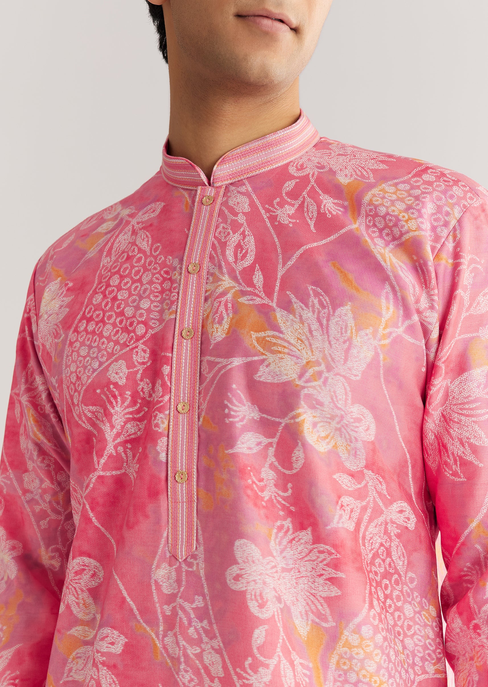 Pink Silk Kurta Set With Mandarin Collar - Image 2