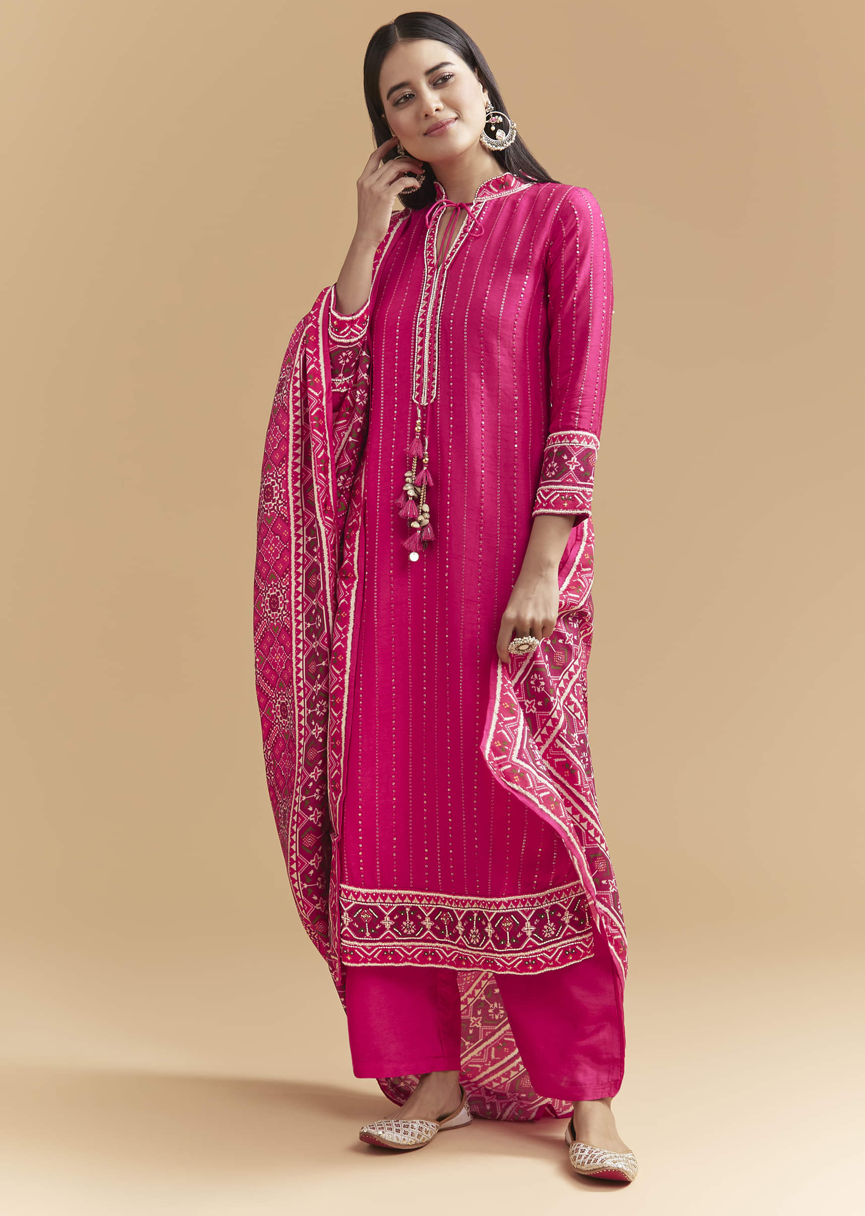 Pink Silk Kurta Set With Sequins Work And Patola Print Dupatta - Image 3