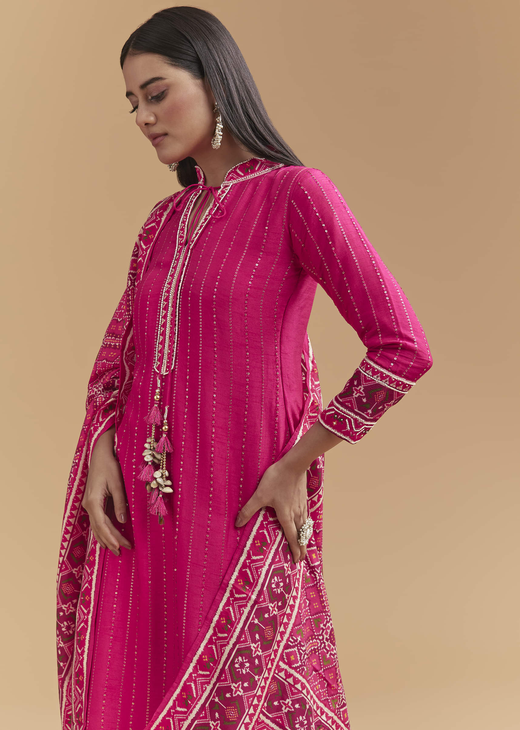 Pink Silk Kurta Set With Sequins Work And Patola Print Dupatta - Image 4