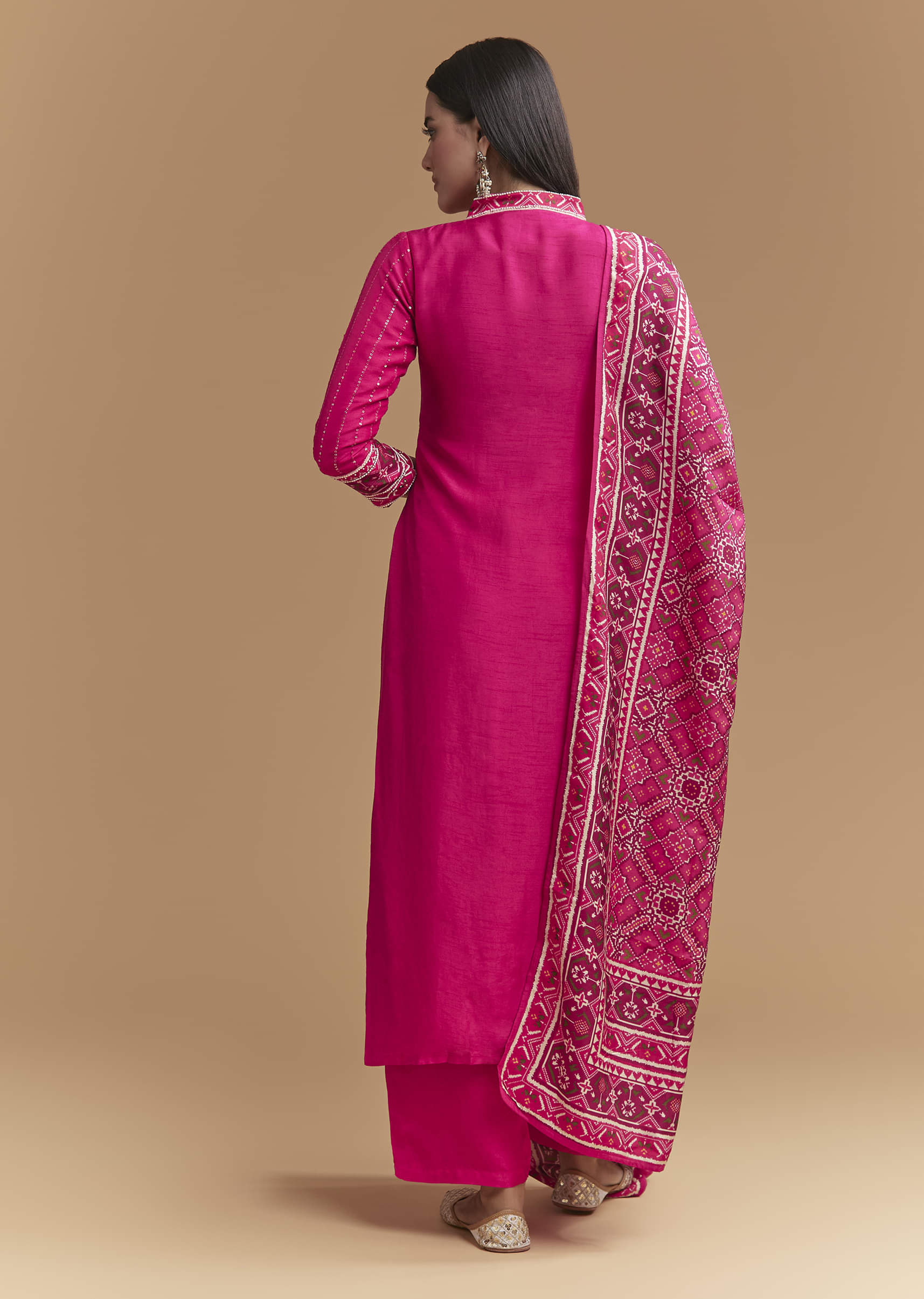 Pink Silk Kurta Set With Sequins Work And Patola Print Dupatta - Image 5