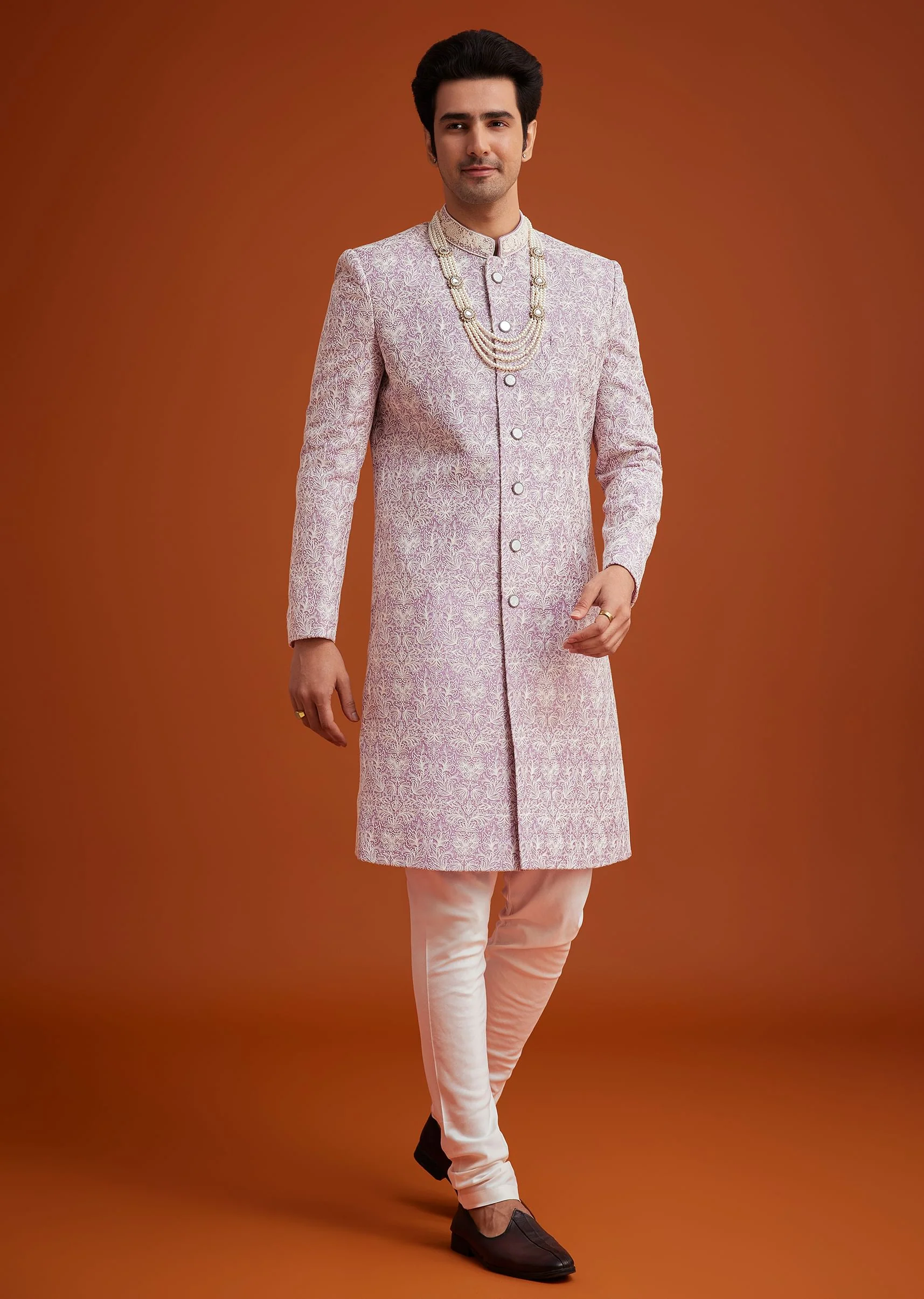 Pink Silk Sherwani Set With Bead Work On Collar - Image 3