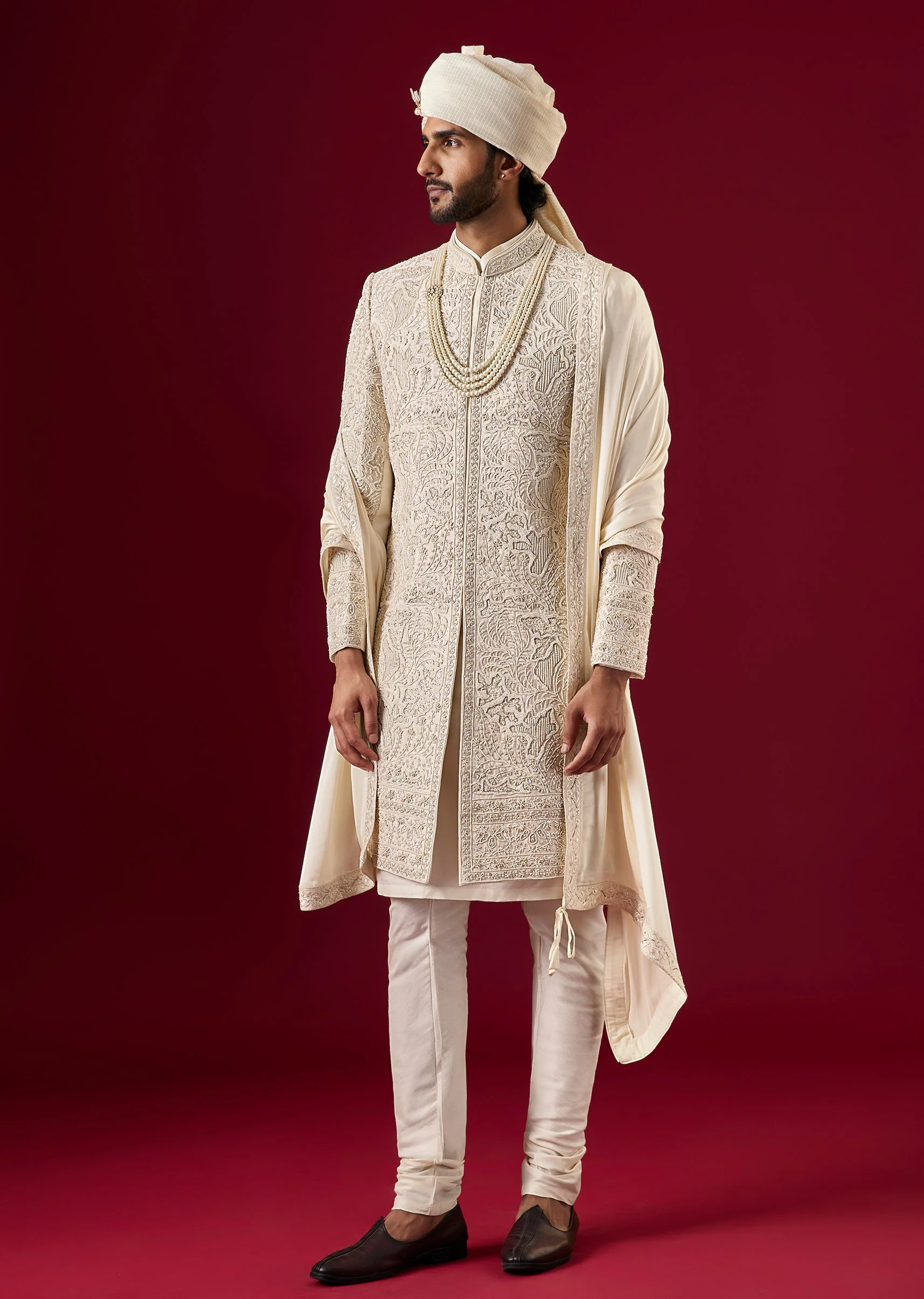 Pink Silk Sherwani Set With Zardosi Bead Work - Image 3