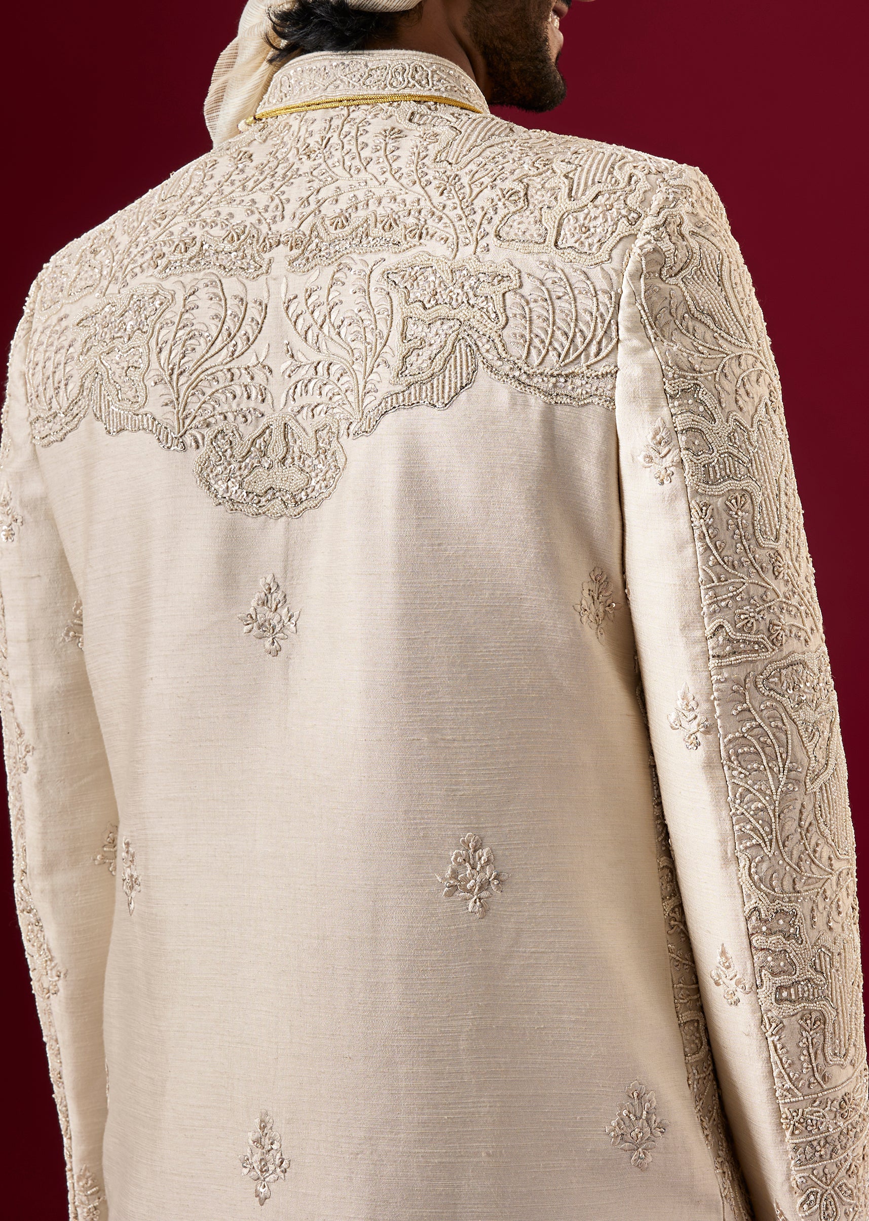 Pink Silk Sherwani Set With Zardosi Bead Work - Image 4