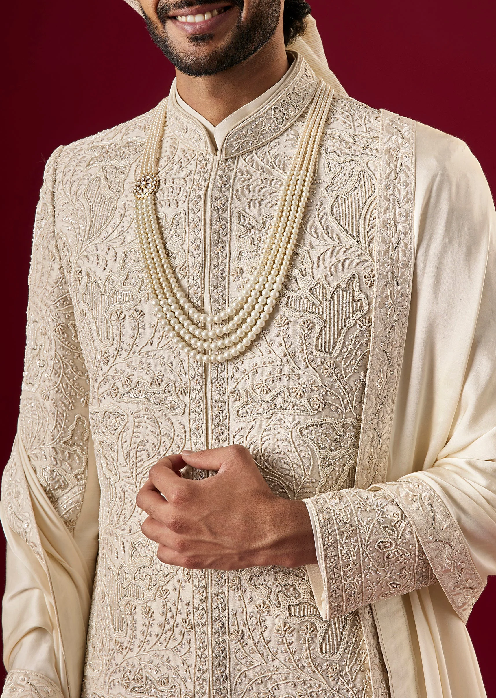 Pink Silk Sherwani Set With Zardosi Bead Work - Image 5