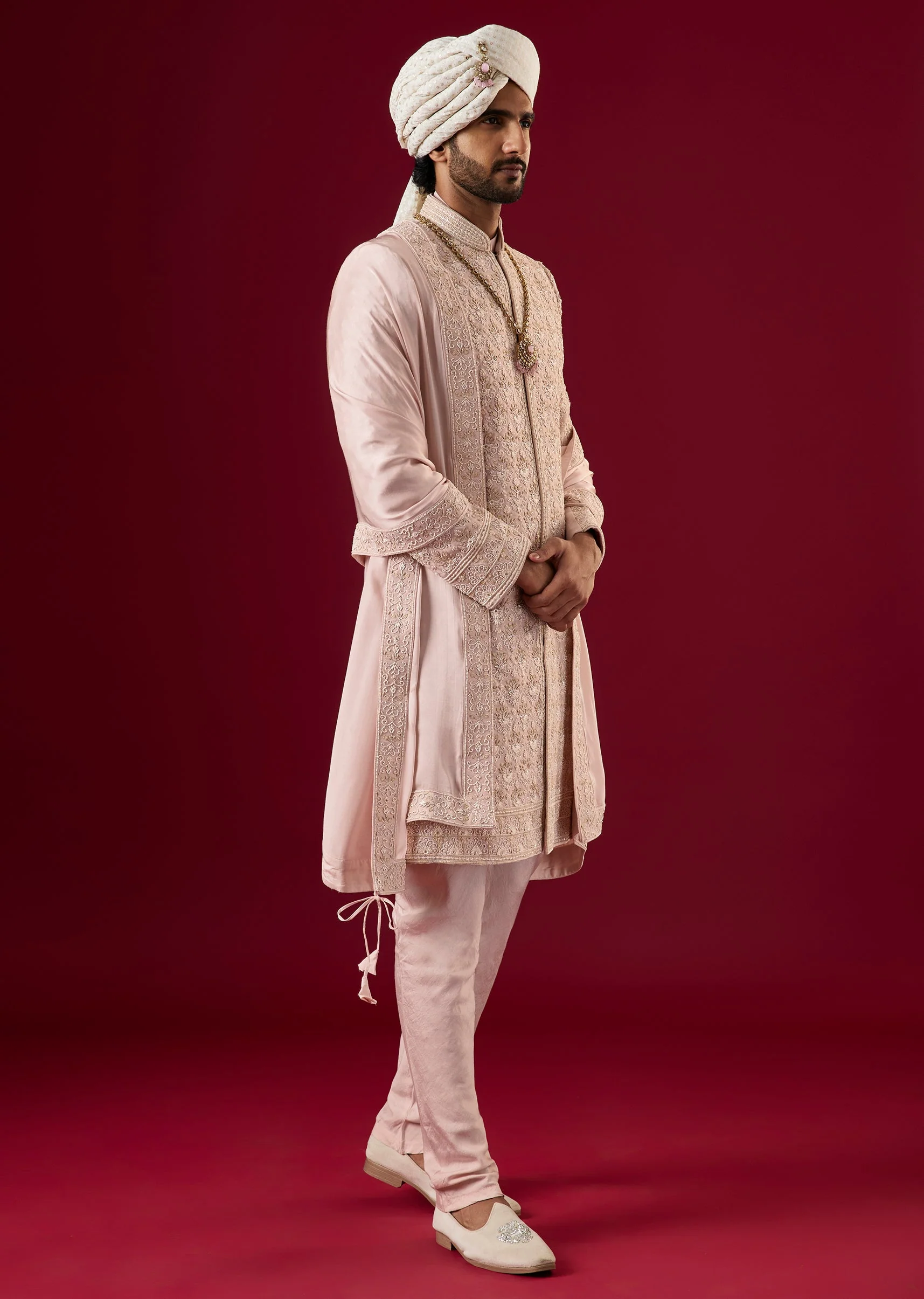 Pink Silk Sherwani Set With Zardosi Work - Image 3