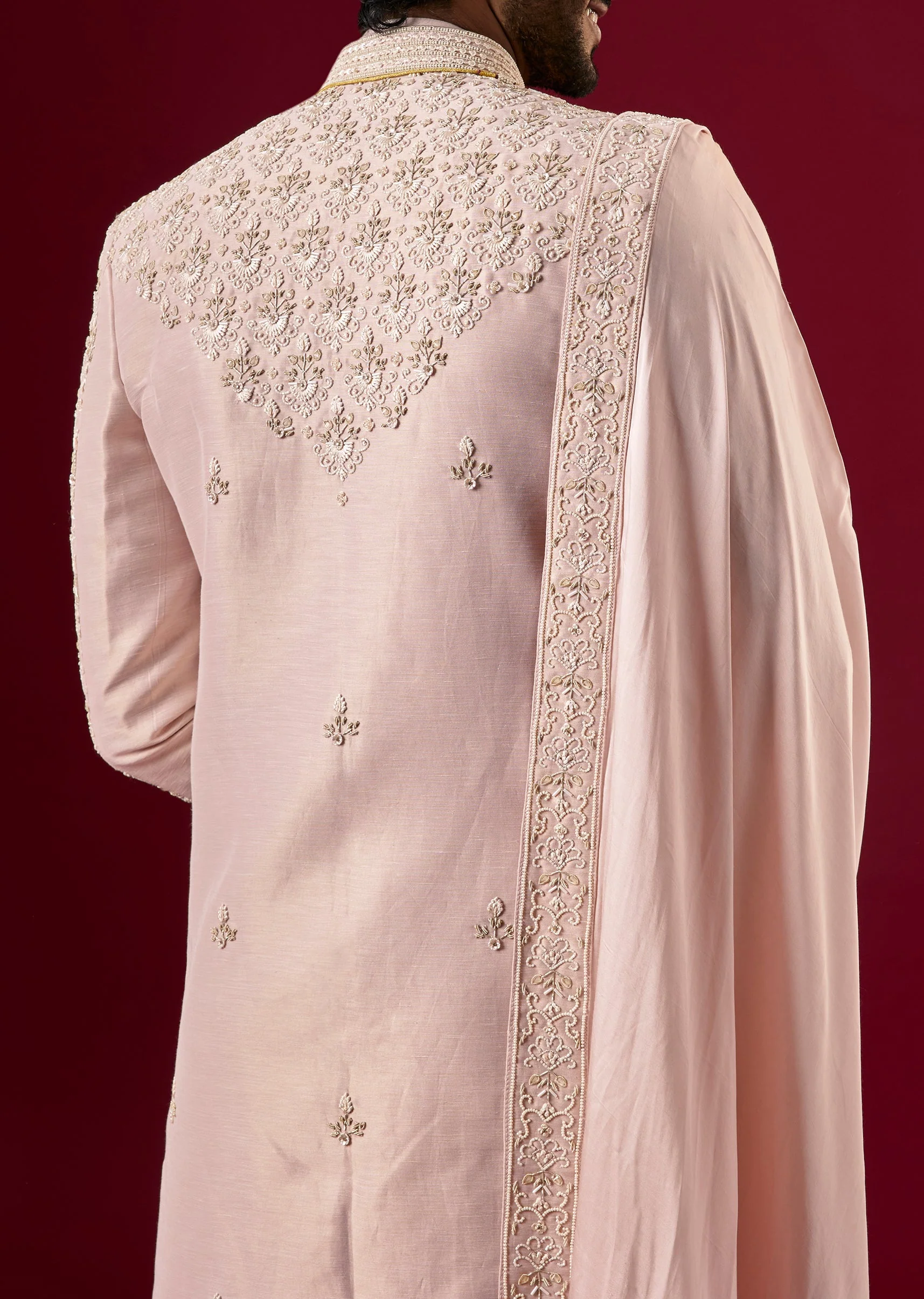 Pink Silk Sherwani Set With Zardosi Work - Image 4