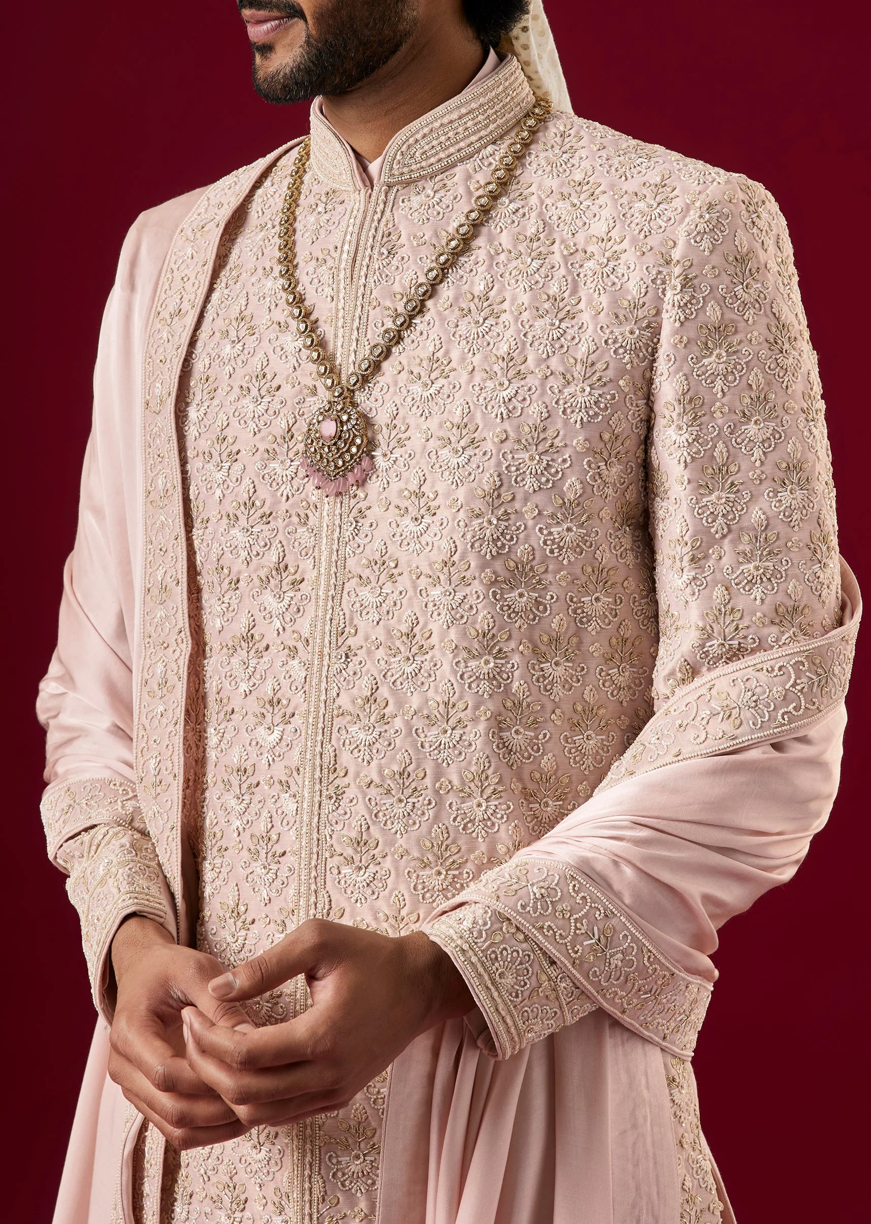 Pink Silk Sherwani Set With Zardosi Work - Image 5