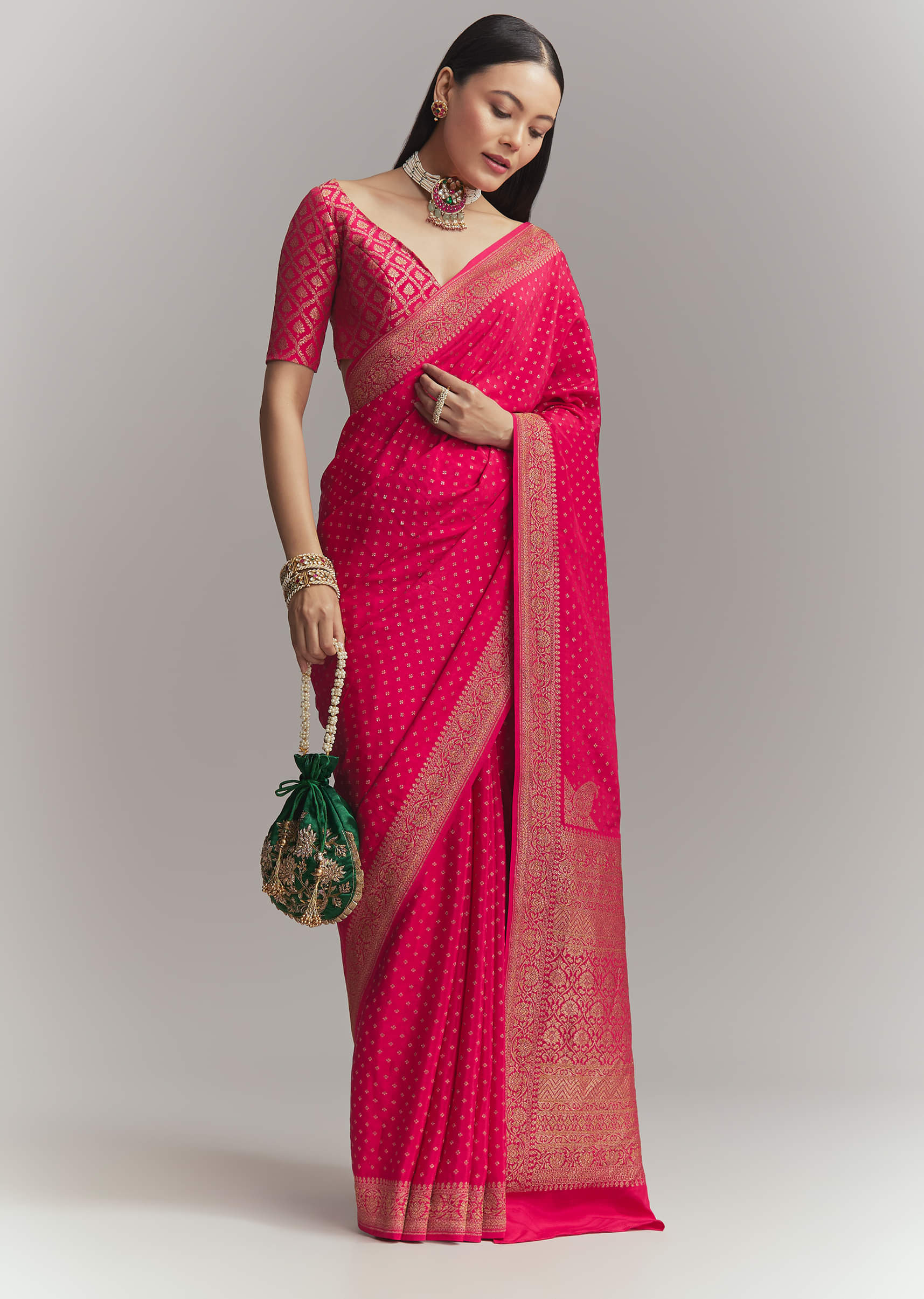 Pink Silk Woven Saree With Zari Weave - Image 3