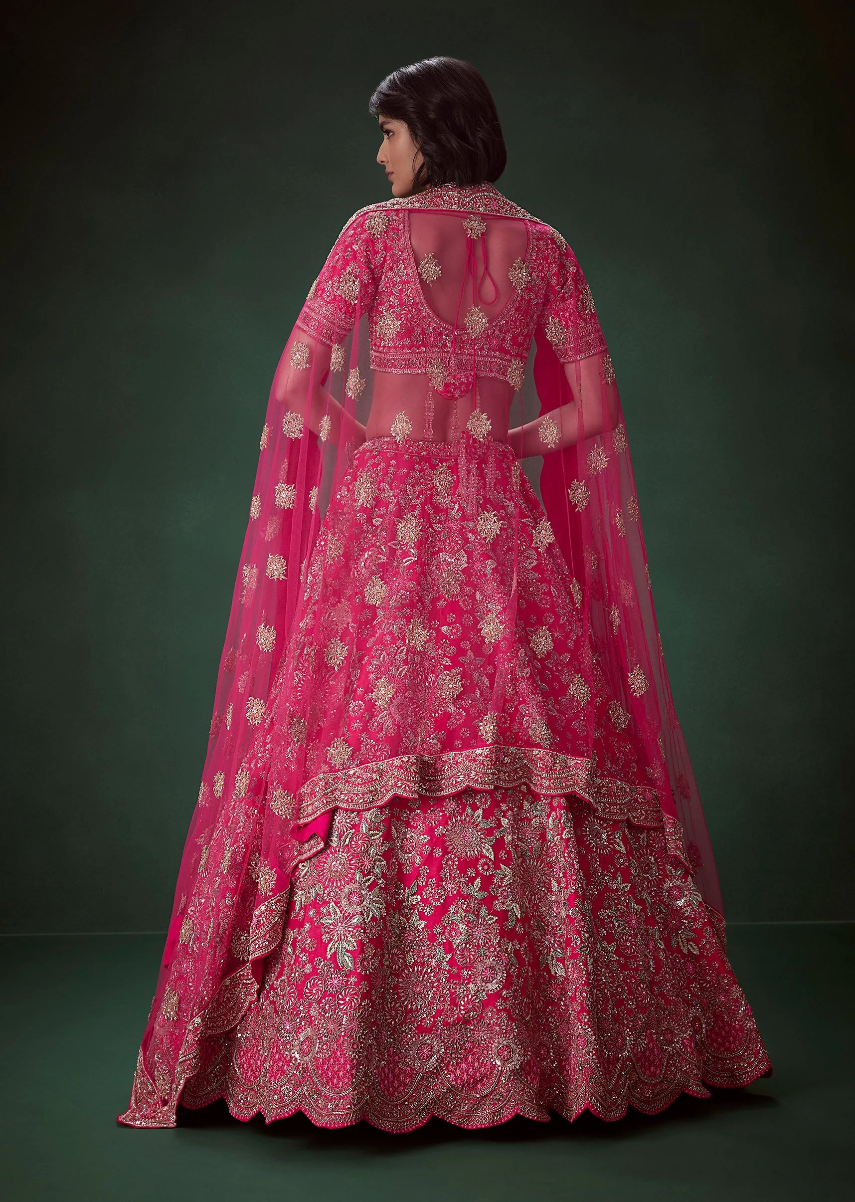Pink Silk Zari Embroidered Bridal Lehenga Set - Image 2