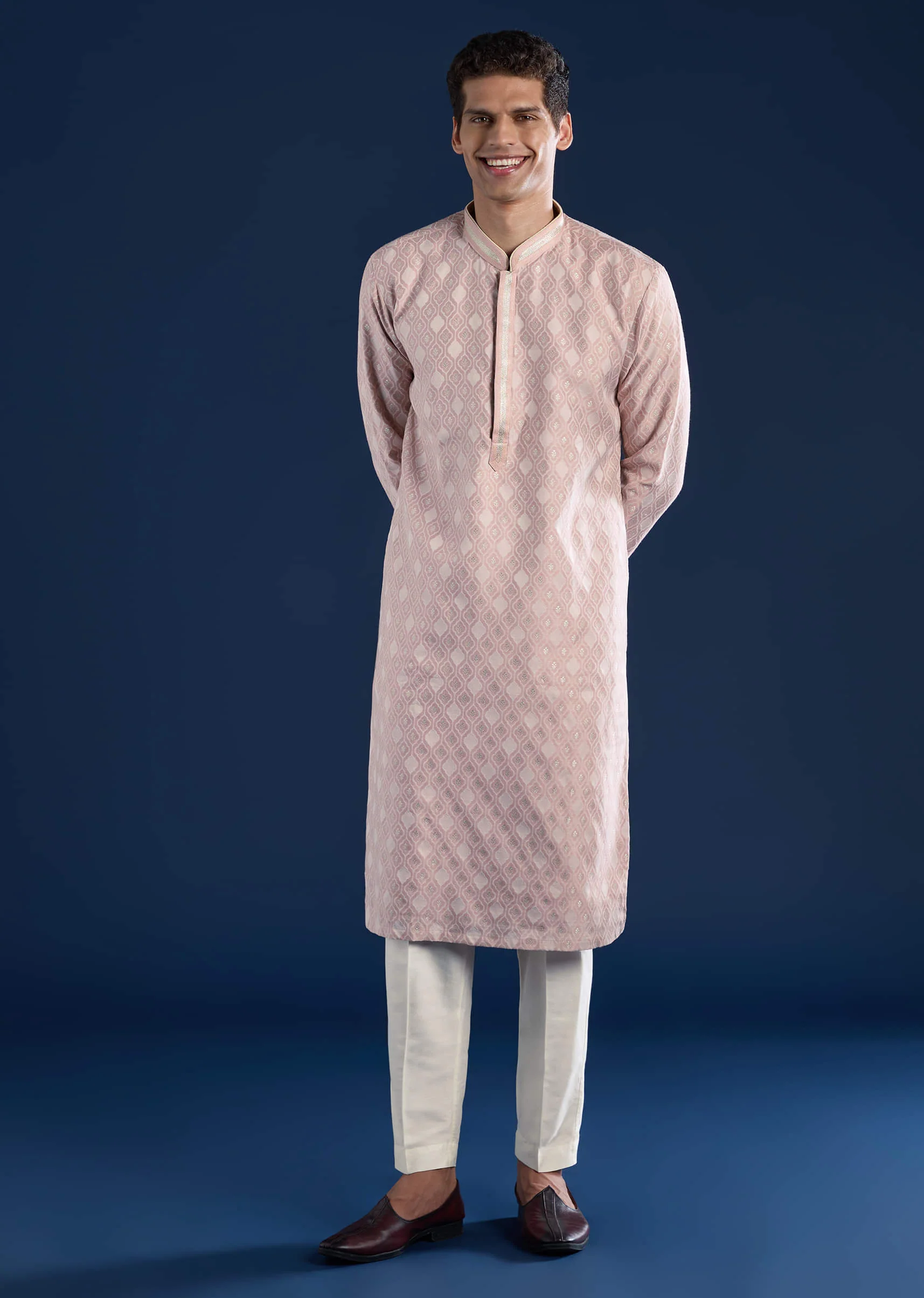 Pink Straight Kurta Set in Jacquard - Image 3