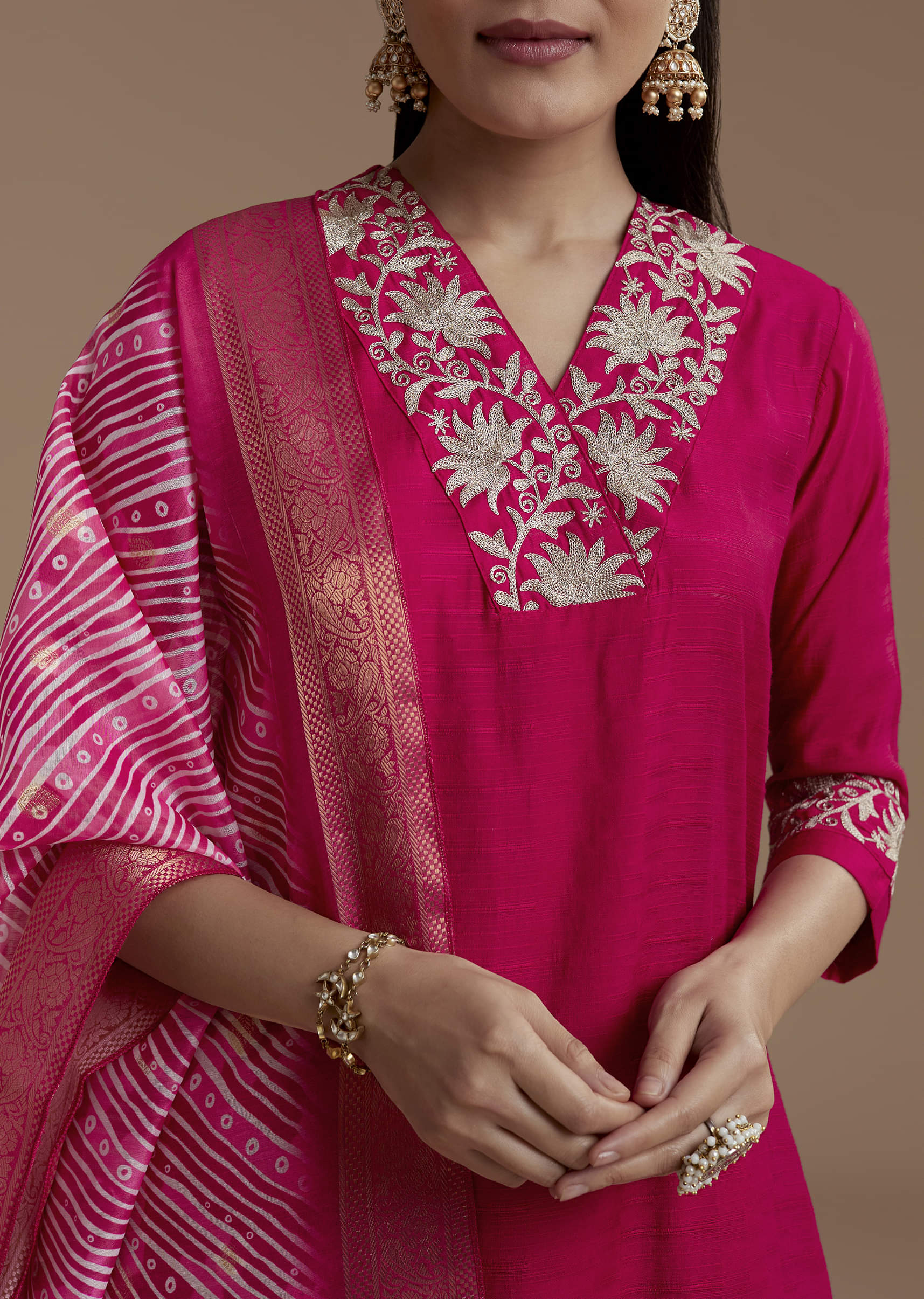 Pink Straight Silk Kurta Set with Zari Work - Image 2