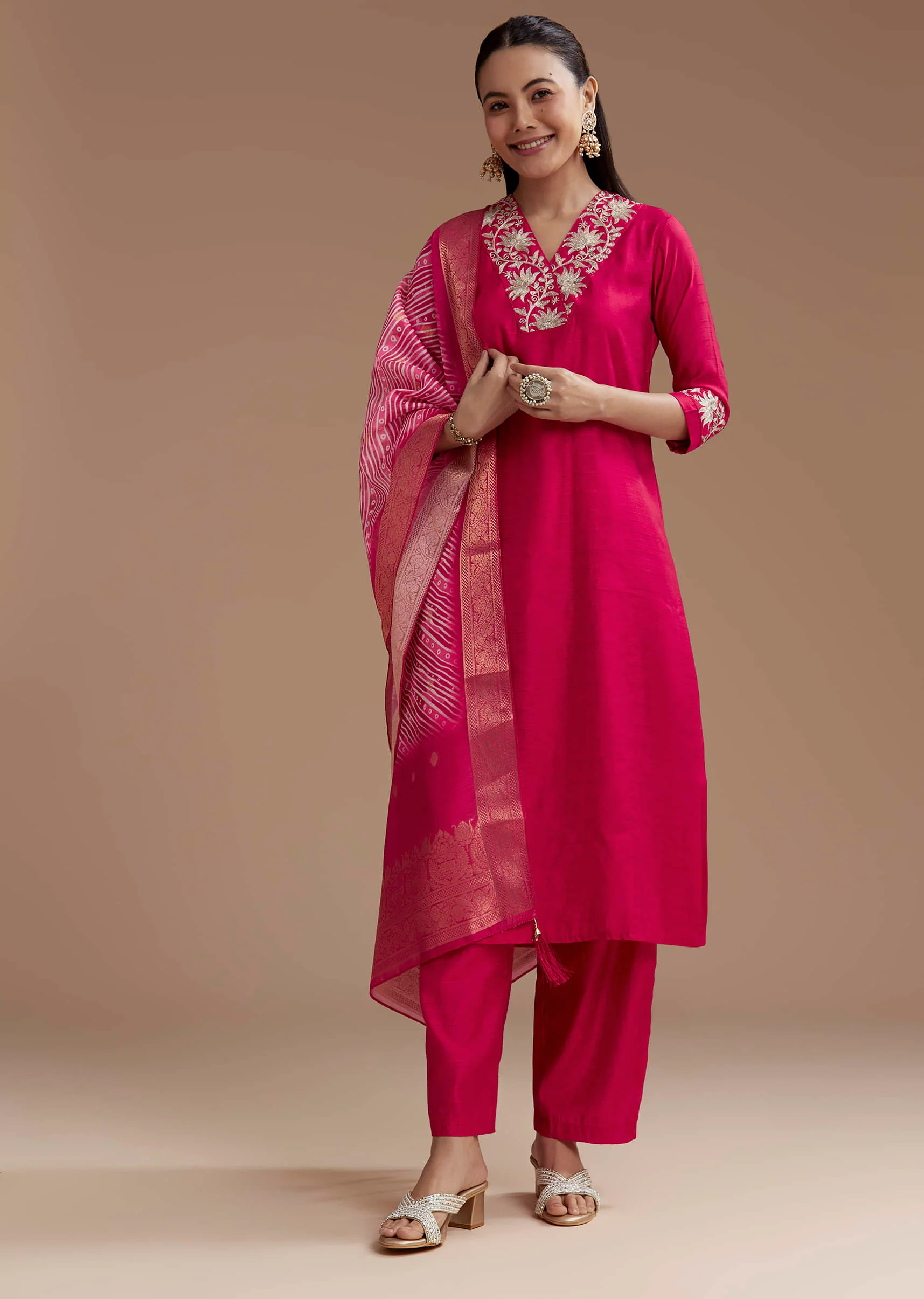 Pink Straight Silk Kurta Set with Zari Work - Image 3