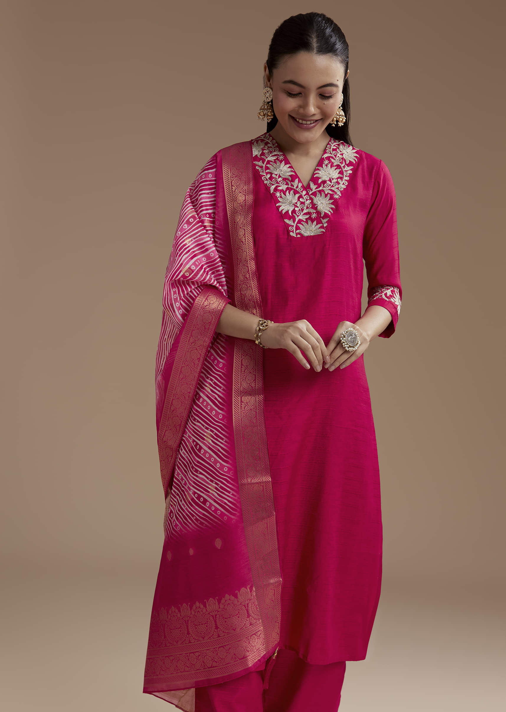 Pink Straight Silk Kurta Set with Zari Work - Image 4
