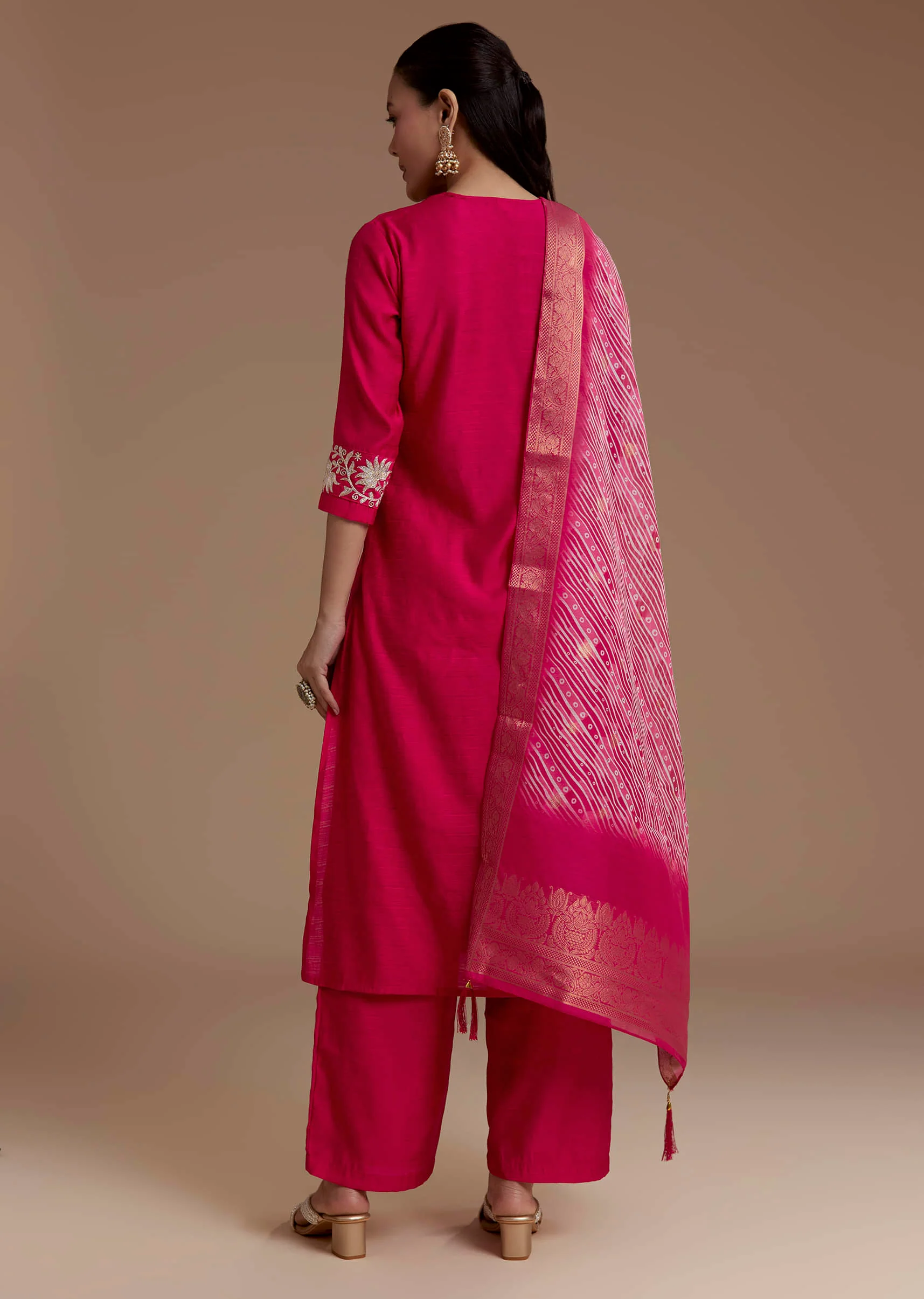 Pink Straight Silk Kurta Set with Zari Work - Image 5